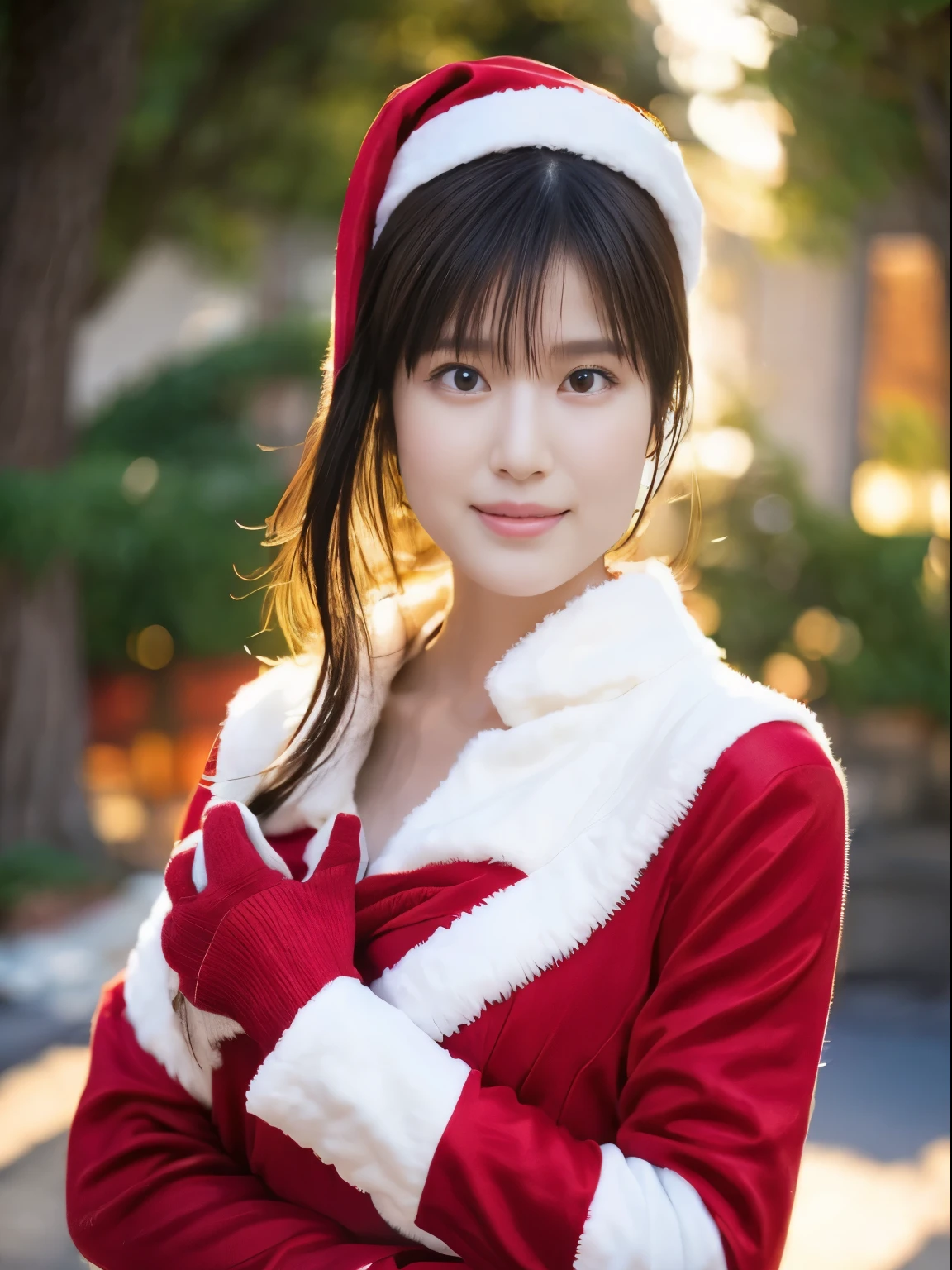 ((Beautuful Women))，(Red Santa Claus costume：1.5)，Christmas tree，Black hair，Photorealsitic，surrealism, F/1.2, 35 mm, Fuji Film, 8K, Super Detail, nffsw, masutepiece, ccurate, Anatomically correct, Textured skin, Super Detail, high details, High quality, Best Quality, hight resolution