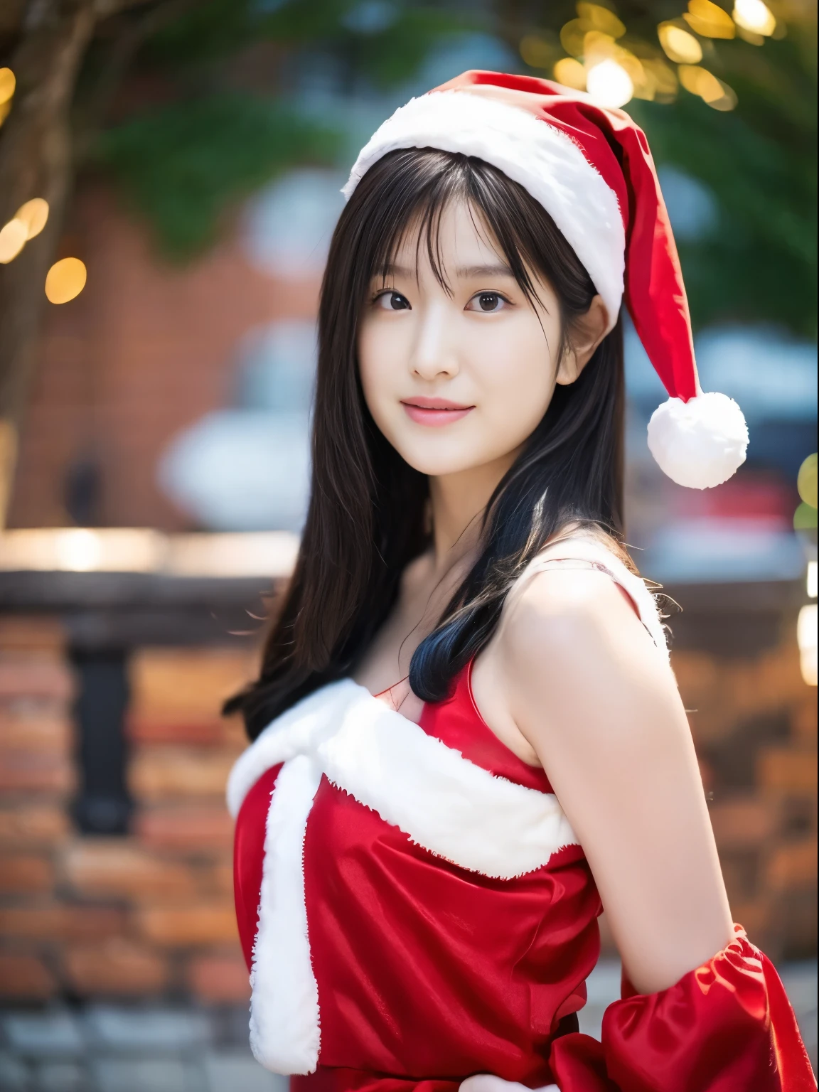 ((Beautuful Women))，(Red Santa Claus costume：1.5)，Christmas tree，Black hair，Photorealsitic，surrealism, F/1.2, 35 mm, Fuji Film, 8K, Super Detail, nffsw, masutepiece, ccurate, Anatomically correct, Textured skin, Super Detail, high details, High quality, Best Quality, hight resolution