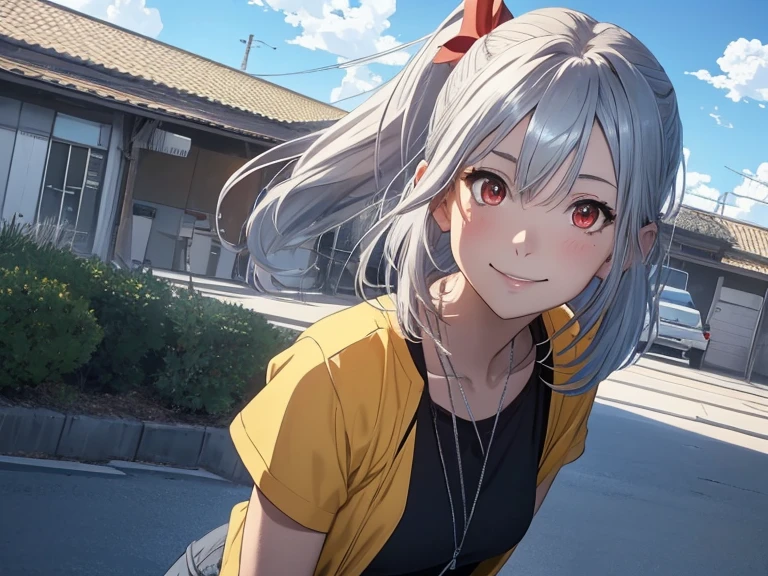 High resolution 8K, NSFW, Bright light illumination, Anime style, Film Portrait Photography, 1woman, dynamic angle, dynamic pose, slender face, a smile, smile, Beautiful Women, ((Sexy Women)), (((Red eyes, Straight hair, pony tail, silver hair, Long hair))), woman wearing a yellow shirt, adult lady, Wear shorts, anime characters in a scene with a sky background, your name movie style, Stills in TV anime, yourname, fiona staples and makoto shinkai, makoto shinkai and bioware, guweiz and makoto shinkai, anime still image, Animated film stills, anime movie screenshot, (Natural skin texture Vibrant details, hyper realistic)