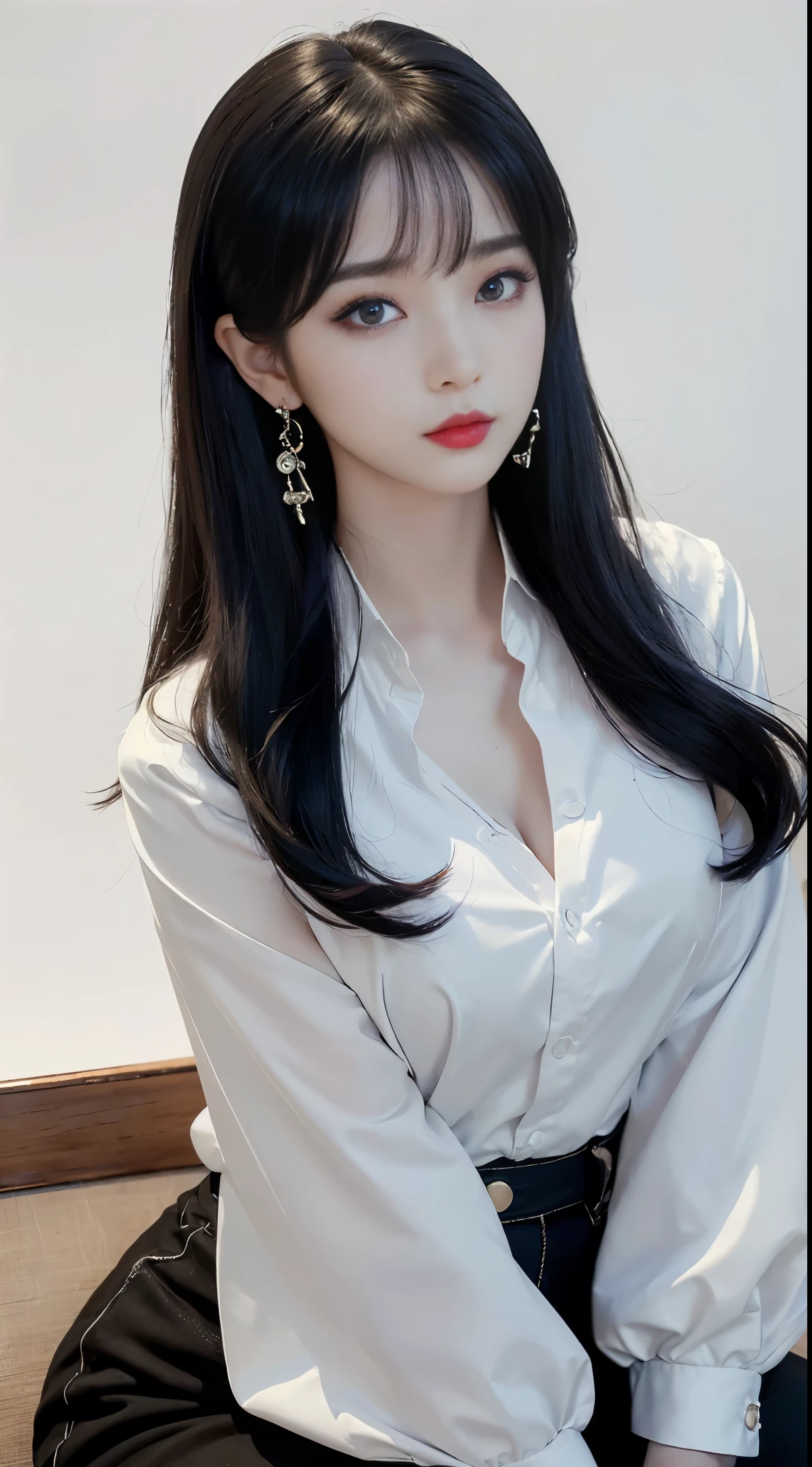 top-quality、Top image quality、​masterpiece、Teenage girl((White shirt、Long black trousers、18year old、 Ager、Best Bust、big bast,Black eyes, blue hairs、A slender,Large valleys、red lipstick makeup、Cute earrings、銀の腕時計、Bring your chest together、Sit up、Eyeshadow that colors your eyes with a captivating pose、all-fours)),hiquality、Beautiful Art、Background with((white walls、Photography Studio))​masterpiece、depth of fields,Camera Film Style