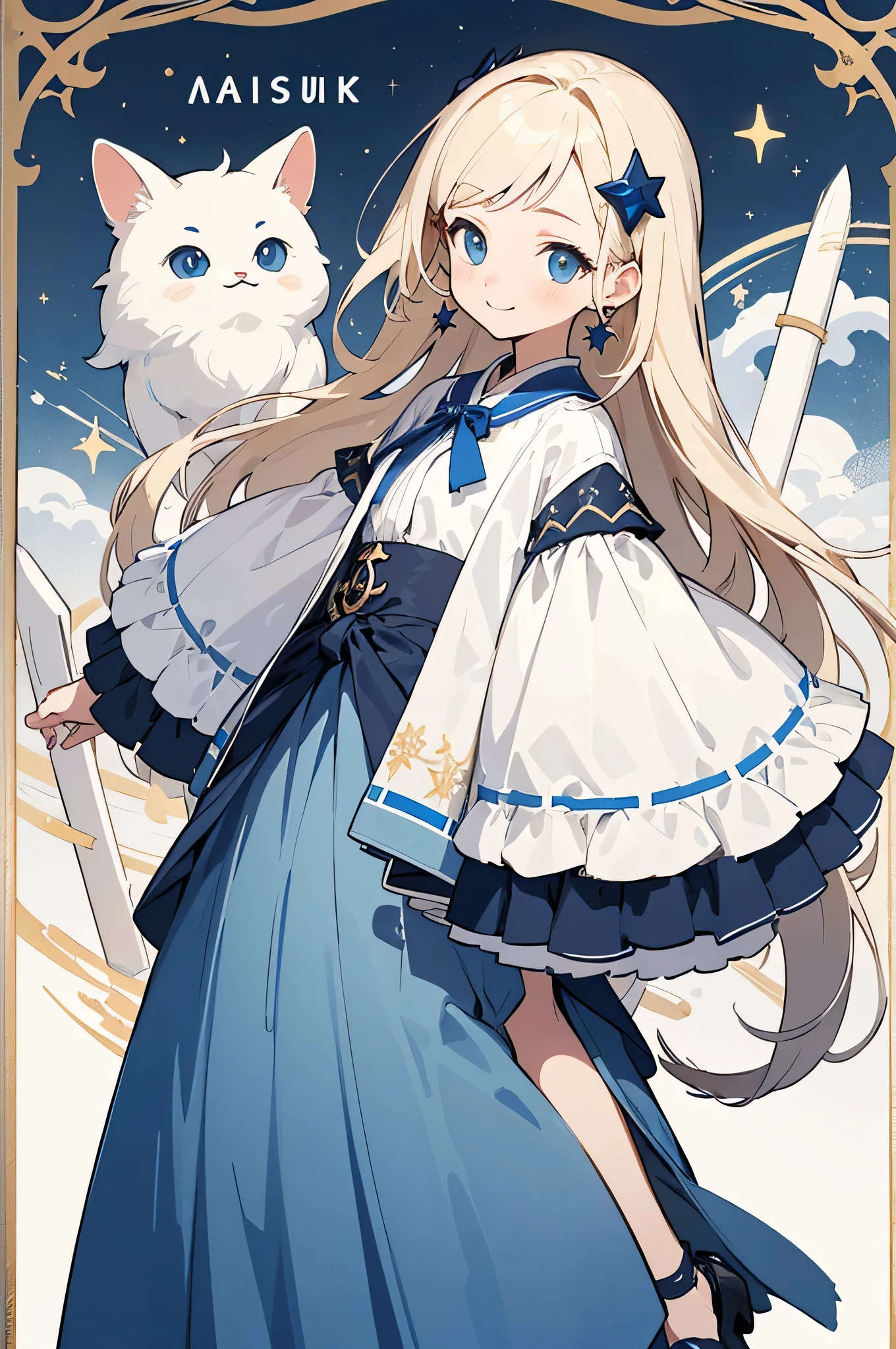 (Top quality illustrations:1.2)、(girl with:1.0)、(独奏:1.0)、(New design clothes:1.0)、(Long bangs:0.3)(Dress like a game character:1.0)、(The upper part of the body:1.0)、(ultra-detailliert) 、hight resolution、4K:1.0)、light cream hair、Unusual fashion、Clothing of game characters、Great design、length hair、Fashionable hair ornaments、New design、A long piece of cloth sticks to the waist、Star Design、Wear a clear cloth、Smile quietly、Lots of dark blue、Dark blue clothes、White skirt、beautful view、masuter piece、1girl with