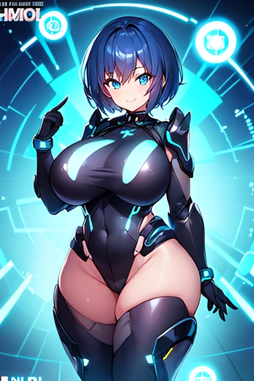 1girl, breasts, large breasts, wide hips, thick thighs, ((anime screencap)), anime screencap, futuristic, science-fiction, bodysuit, black bodysuit, blue hair, very short hair, smile, light smile, neon, neon trim, blue eyes, hair ornament, ornament