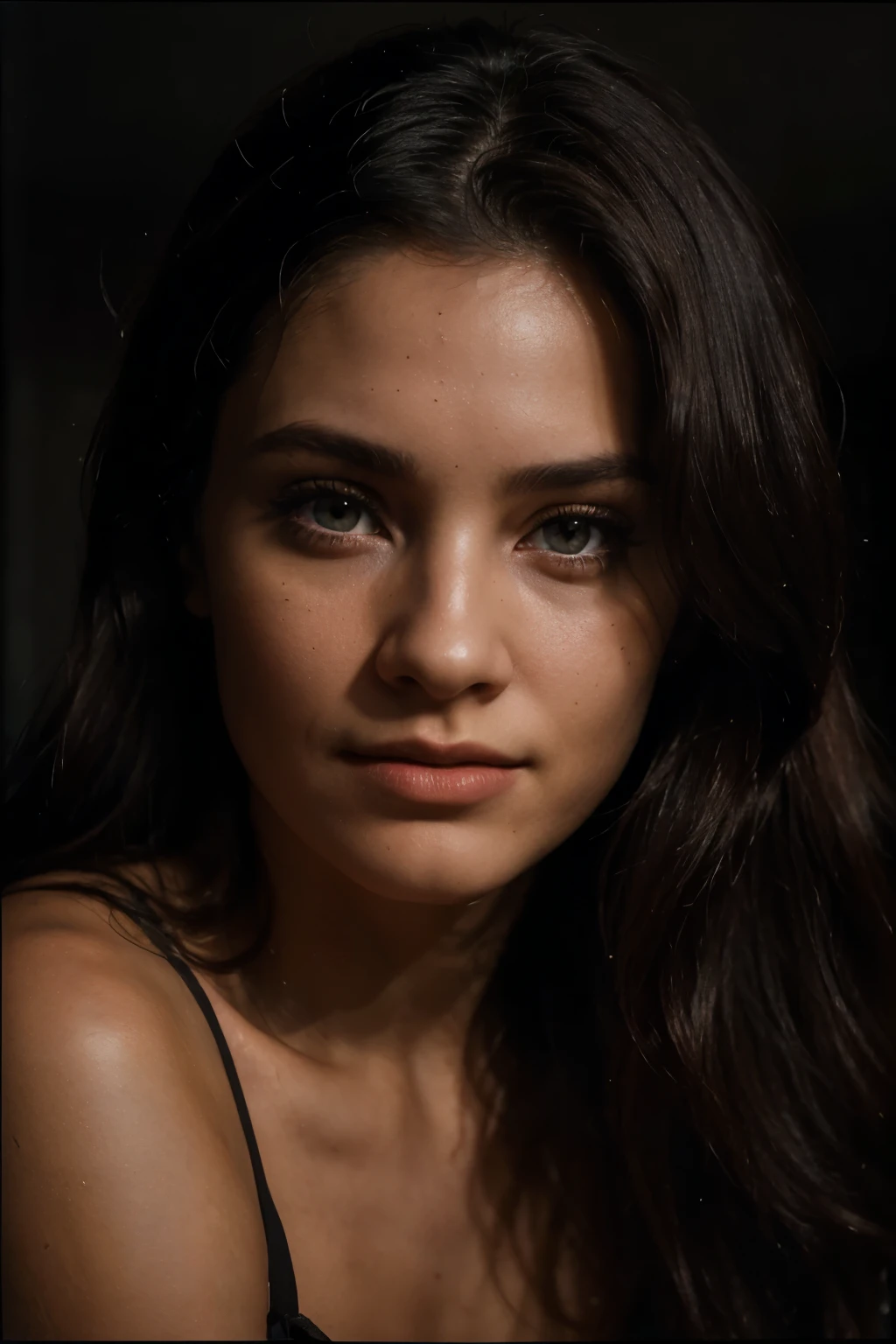(close-up, editorial photograph of a 21 year old woman), (highly detailed face:1.4) (smile:0.7) (background inside dark, moody, private study:1.OV, by lee jeffries, nikon d850, film stock photograph ,4 kodak portra 400 ,camera f1.6 lens ,rich colors ,hyper realistic ,lifelike texture, dramatic lighting , cinestill 800,
