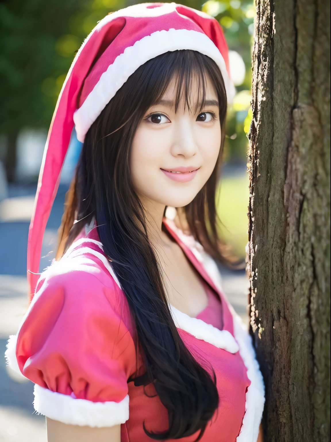 ((Beautuful Women))，(pink santa claus costume：1.5)，Christmas tree，Black hair，Photorealsitic，surrealism, F/1.2, 35 mm, Fuji Film, 8K, Super Detail, nffsw, masutepiece, ccurate, Anatomically correct, Textured skin, Super Detail, high details, High quality, Best Quality, hight resolution