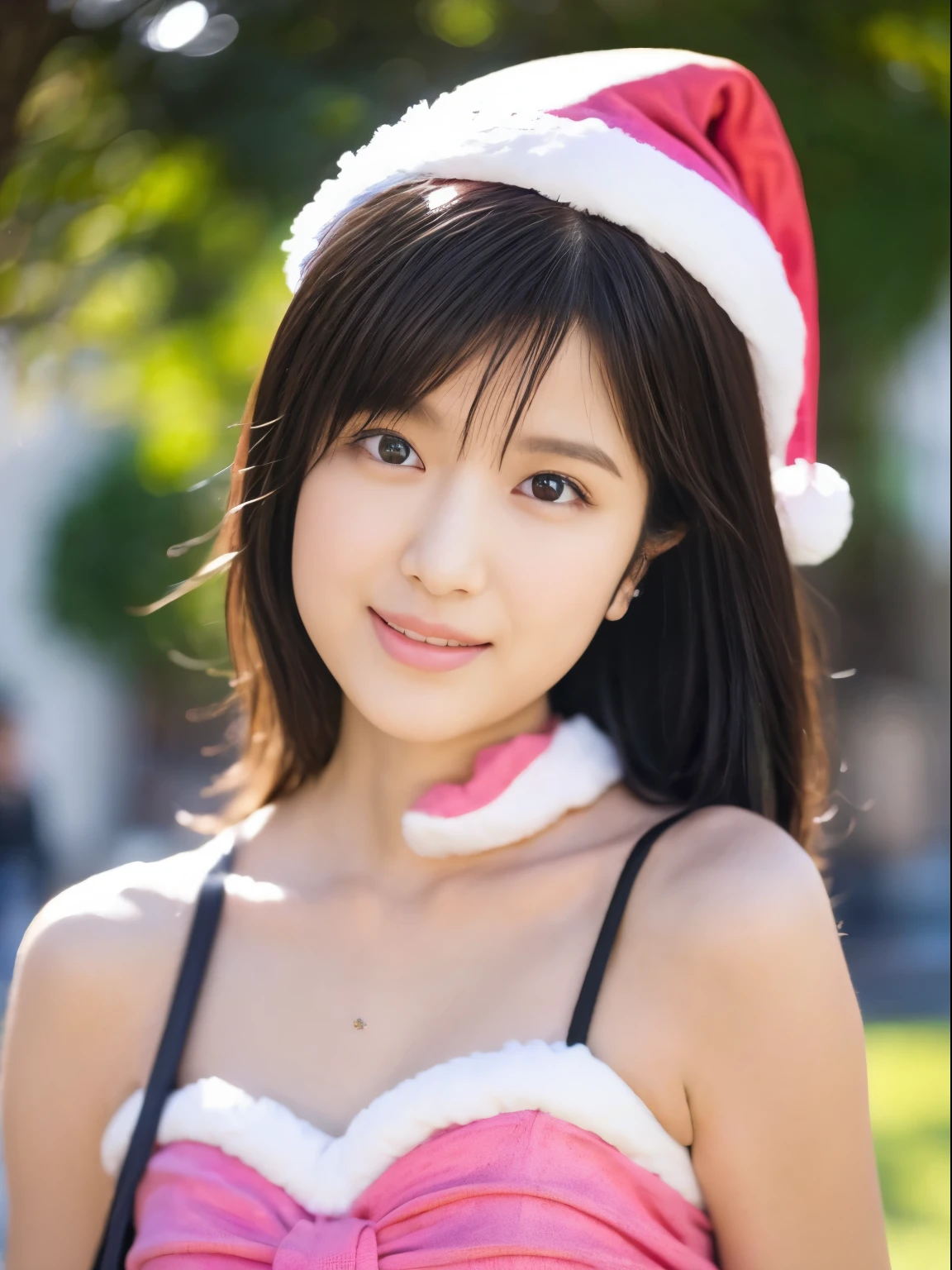 ((Beautuful Women))，(pink santa claus costume：1.5)，Christmas tree，Black hair，Photorealsitic，surrealism, F/1.2, 35 mm, Fuji Film, 8K, Super Detail, nffsw, masutepiece, ccurate, Anatomically correct, Textured skin, Super Detail, high details, High quality, Best Quality, hight resolution