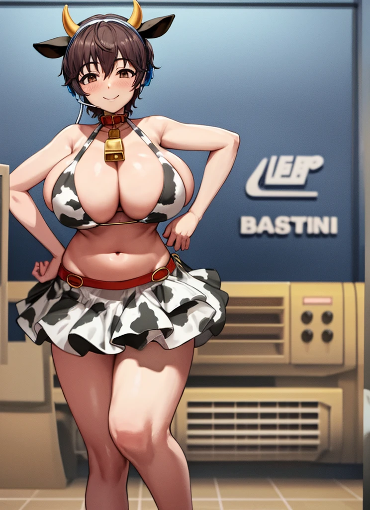 full body standing straight symmetrical, huge boob(masterpiece, best quality:1.2), cowboy shot, solo, 1MILF, mmplatz, smile, looking at viewer, hands on hips, oikawa shizuku, huge breasts,  cow print, cow girl, cow horns, cowbell, neck bell,  cow ears, cow tail, bikini, swimsuit, skirt, headset,  cowboy shot, lustful smirking smile blush