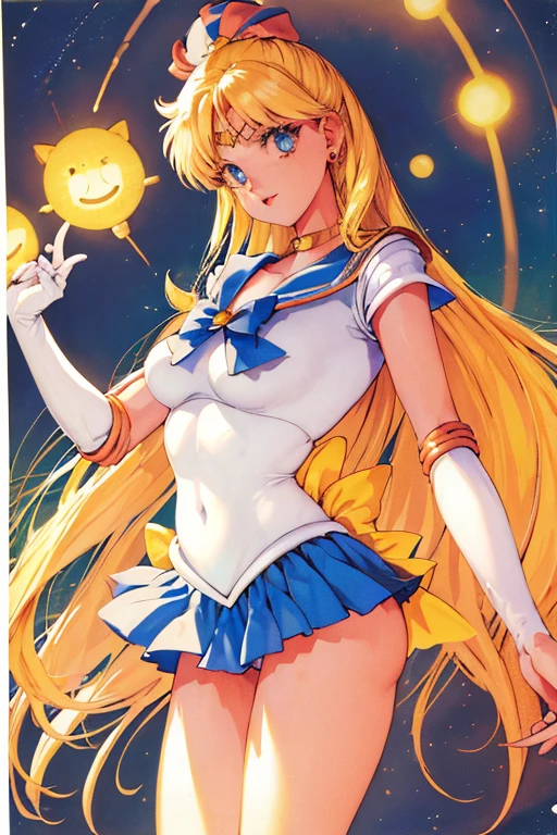 Obra maestra, La mejor calidad, High resolution, 1 girl, solamente, Uniforme Sailor Senshi, SMMoon, 1990's \(estilo\), cabello rubio, Magical Girl, ojos azules, falda azul, Guantes hasta el codo, tiara, falda plisada , Collar marinero azul, minifalda, gargantilla, gargantilla azul, Guantes blancos, Pelo muy largo, jewely, Pendientes, sentada, Piernas cruzadas, muy sexy.  PIERNAS ENROSCADAS