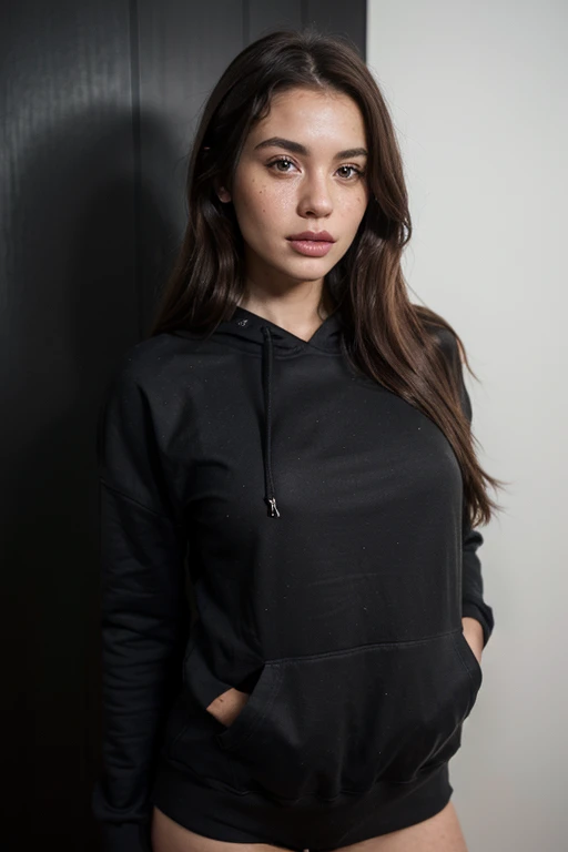 ((best quality)), ((masterpiece)), (detailed), perfect face realistic photo of beautiful woman with long dark brown hair, Russian, influencer, light freckles, dark brown eyes, big lips, no makeup, instagram, standing next to black wall, wearing sexy long winter hoodie