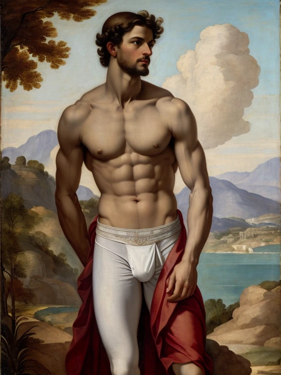 Fresco style, full body, Oil painting, by Raphael, by J.C. Leyendecker, King Leon-idas, male, man, chest, abs, slim waist, ((white Briefs)) no clotheulge), (landscape background)), renaissance style, centered, perfect composition, canvas texture, full body