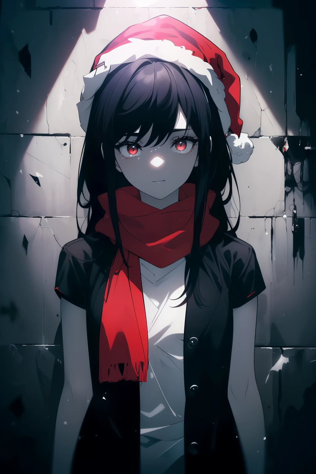 ((((Obra maestra, La mejor calidad, ultrahigh resolution)))), 1girl, standing, ((wearing thick black winter coat, red scarf, Santa hat)), long hair cut, pale skin, ((dark black hair, blue tint)), (glowing_eyes, luminescent eyes), (ultra detailed eyes:0.7, beautiful and detailed face, detailed eyes:0.9), ((centered)), smile, ((wide shot)), facing viewer, (((surrounded by darkness, falling snow in the dark, fluorescent light from street lamp)), flat chested, looking at viewer, ((perfect hands)), ((head:1, hips, elbows, arms, in view)), ((hands behind back)), beautiful lighting, defined subject, (25 years old), ((cool looking)), Chi no Wadachi