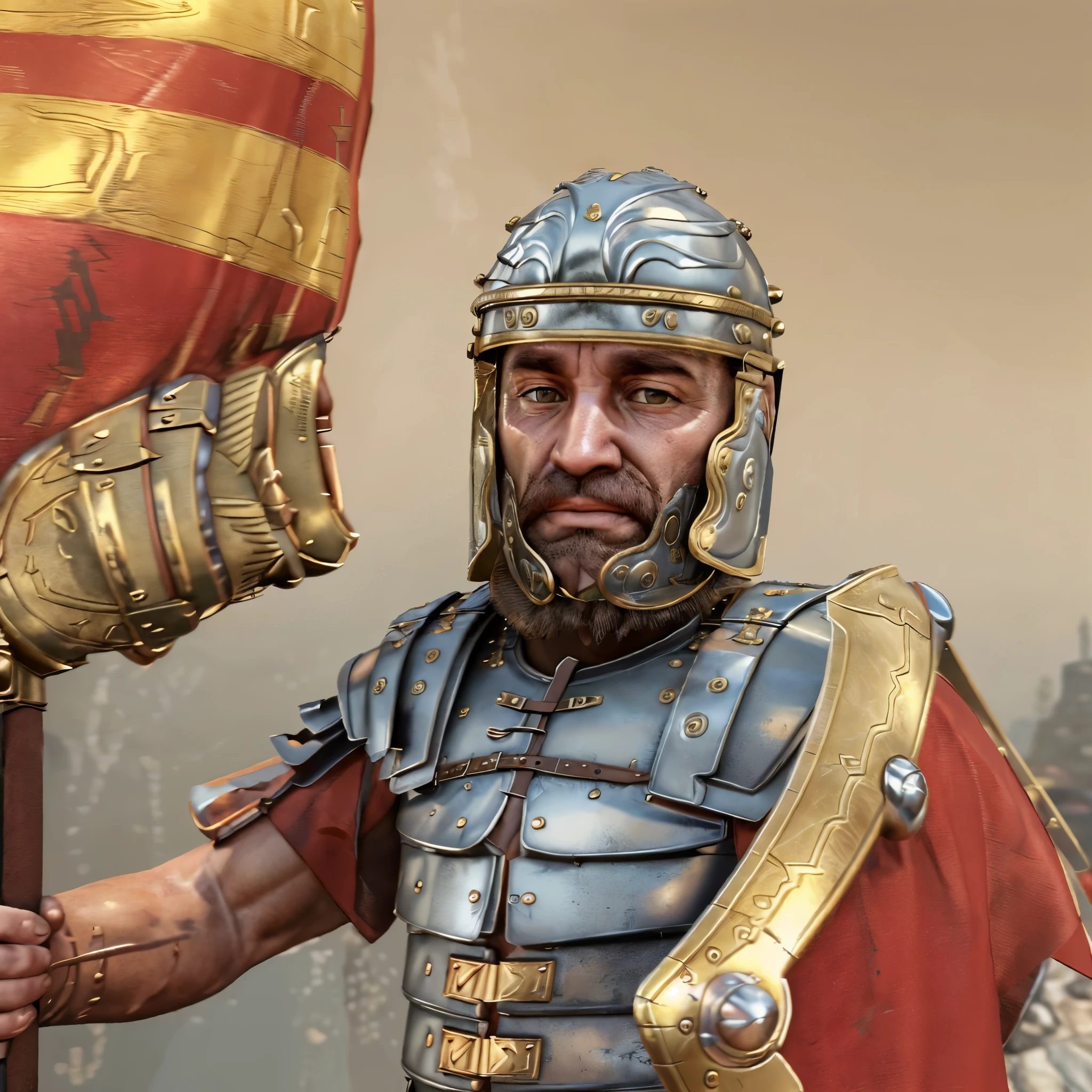 arafed man in armor holding a flag and a shield, roman legionnaire, depicted as a 3 d render, sneering roman legioneer, dressed in roman armour, roman centurion, detail render, ancient soldier, epic detail, roman emperor, rendered in arnold engine, high resolution and detail, inspired by Roman Bezpalkiv, an angry muscular army general