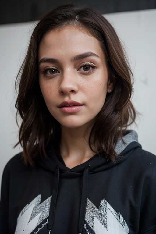 ((best quality)), ((masterpiece)), (detailed), perfect face realistic photo of beautiful woman with long dark brown hair, Russian, influencer, light freckles, dark brown eyes, big lips, no makeup, instagram, standing next to black wall, wearing sexy long winter hoodie