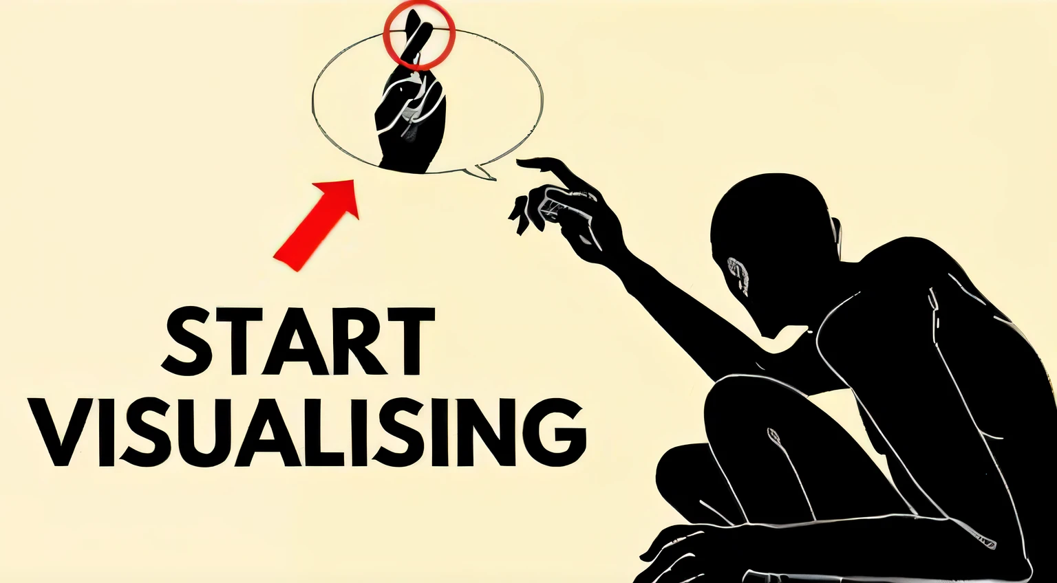 a man kneeling down with a hand up to a sign that says start visualising, ilustration, artistic illustration, mesmerising, dramatic thinking pose, exciting illustration, stylised illustration, thinking pose, hypnotising, derealisation, thought-provoking, illustration!, thought provoking, pulsating, establishing, idealised, start, staring intensely