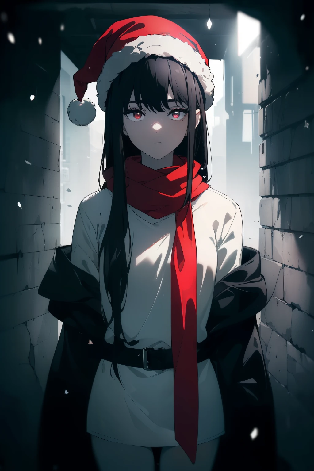 ((((Obra maestra, La mejor calidad, ultrahigh resolution)))), 1girl, standing, ((wearing thick black winter jacket:1.5, red scarf, Santa hat)), long hair cut, pale skin, ((dark black hair, blue tint)), (glowing_eyes, luminescent eyes), (ultra detailed eyes:0.7, beautiful and detailed face, detailed eyes:0.9), ((centered)), smile, ((wide shot)), facing viewer, (((surrounded by darkness, falling snow in the dark, fluorescent light from street lamp)), flat chested, looking at viewer, ((perfect hands)), ((head:1, hips, elbows, arms, in view)), ((hands behind back)), beautiful lighting, defined subject, (25 years old), ((cool looking)), Chi no Wadachi