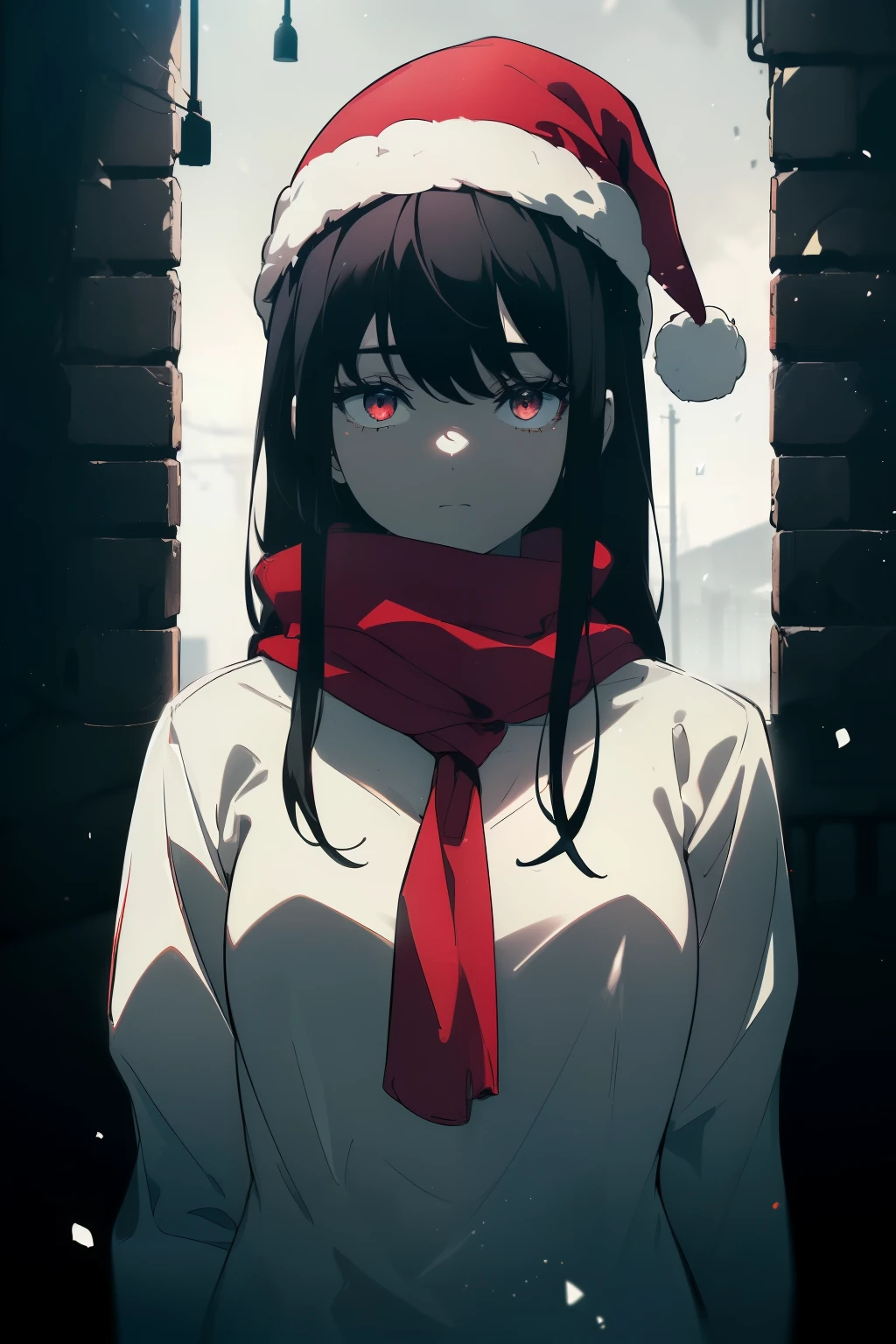 ((((Obra maestra, La mejor calidad, ultrahigh resolution)))), 1girl, standing, ((wearing thick black winter jacket:1.5, red scarf, Santa hat)), long hair cut, pale skin, ((dark black hair, blue tint)), (glowing_eyes, luminescent eyes), (ultra detailed eyes:0.7, beautiful and detailed face, detailed eyes:0.9), ((centered)), smile, ((wide shot)), facing viewer, (((surrounded by darkness, falling snow in the dark, fluorescent light from street lamp)), flat chested, looking at viewer, ((perfect hands)), ((head:1, hips, elbows, arms, in view)), ((hands behind back)), beautiful lighting, defined subject, (25 years old), ((cool looking)), Chi no Wadachi