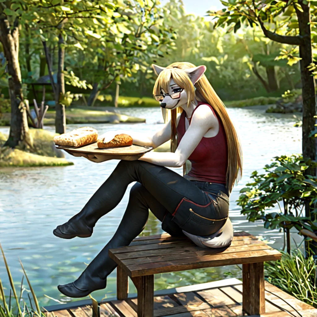 ((best quality)), ((masterpiece)), (detailed), perfect face, solo, anthro, mammal, , long hair,  3d (artwork), female, grey background, clothing, hi res, fur, background, clothed, digital media (artwork), whiskers, mienfoo, smile, portrait, glasses, feeding bread to ducks, pond, forest, lake, sitting on a bench