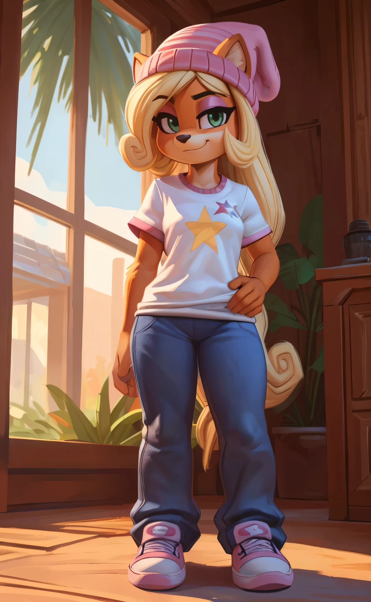 [Coco bandicoot], [Uploaded to e621.net; (Pixelsketcher), (wamudraws)], ((masterpiece)), ((HD)), ((solo portrait)), ((full body)), ((front view)), ((feet visible)), ((furry; anthro)), ((detailed fur)), ((detailed shading)), ((beautiful render art)), ((intricate details)), {anthro; orange fur, black nose, (cute green eyes), (short eyelashes), (pink eyeshadow), (long blonde curly hair), (curvy hips), (beautiful legs), (blushing), (smug smirk)}, {white baggy tee shirt), (yellow star printed on shirt), (tight bell-bottom jeans), (pink sneakers), (pink beanie)}, {(standing), (looking at viewer)}, [background; (tropical forest), (tree house), (pink beanbag), (window), (blue sky), (sun rays)]