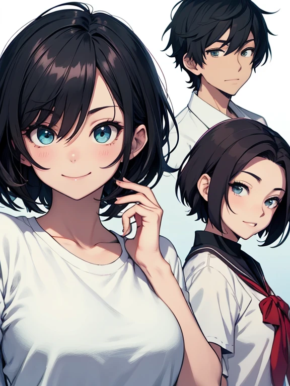 anime girl Short Hair Hair and white shirt posing for camera, oppai, thick neck, sakimi chan, Short Hair Hair, Josh smiled., fubuki, About Ishida Art Manga, shikamimi, Rei Hiroe, Gapmo Yandere, Digital Manga Art, thicc, Short neck, Himecut, she is smiling, In anime style