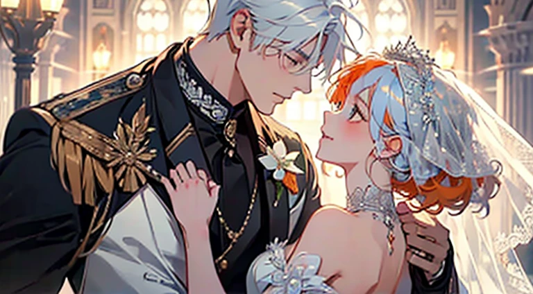 Master piece,Best Quality,love between male and female couples、Intense kiss、girl with(White hair,short-hair,kawaii、veils、Smile,Wedding dress,small tits),a handsome man(Orange hair,Boyish hairstyle,tailcoat,well-muscled,Firm shoulder width, cool expression,tall, 33yo)、passionate kiss,Body disparity,Blissful、Wedding、Flower shower,Princess carry