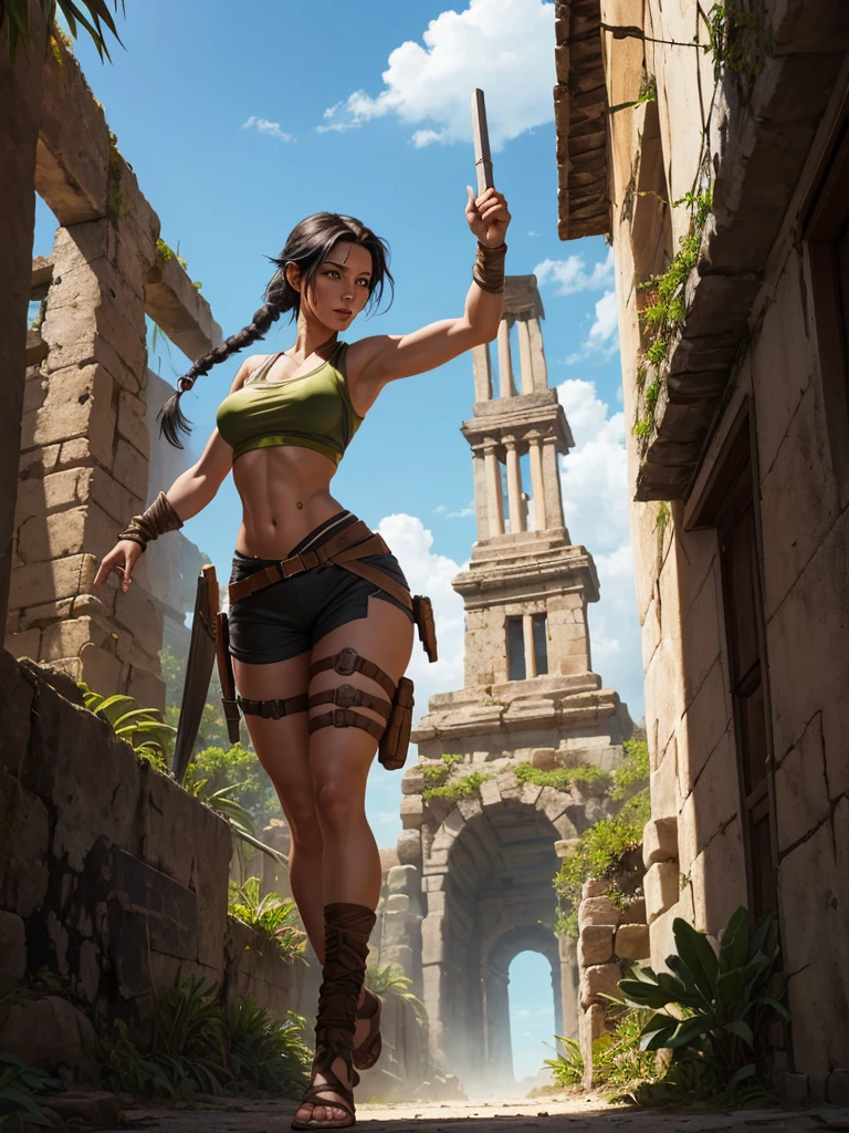 Kristin Kreuk, brune à longue tresse unique et yeux verts, dans un costume de Lara Croft, seule dans les ruines d'un temple maya envahi par la végétation. action. éclairage cinématographique. Angle dramatique. meilleur qualité. très détaillé. souriante. regardant la caméra. Chef d'oeuvre.
