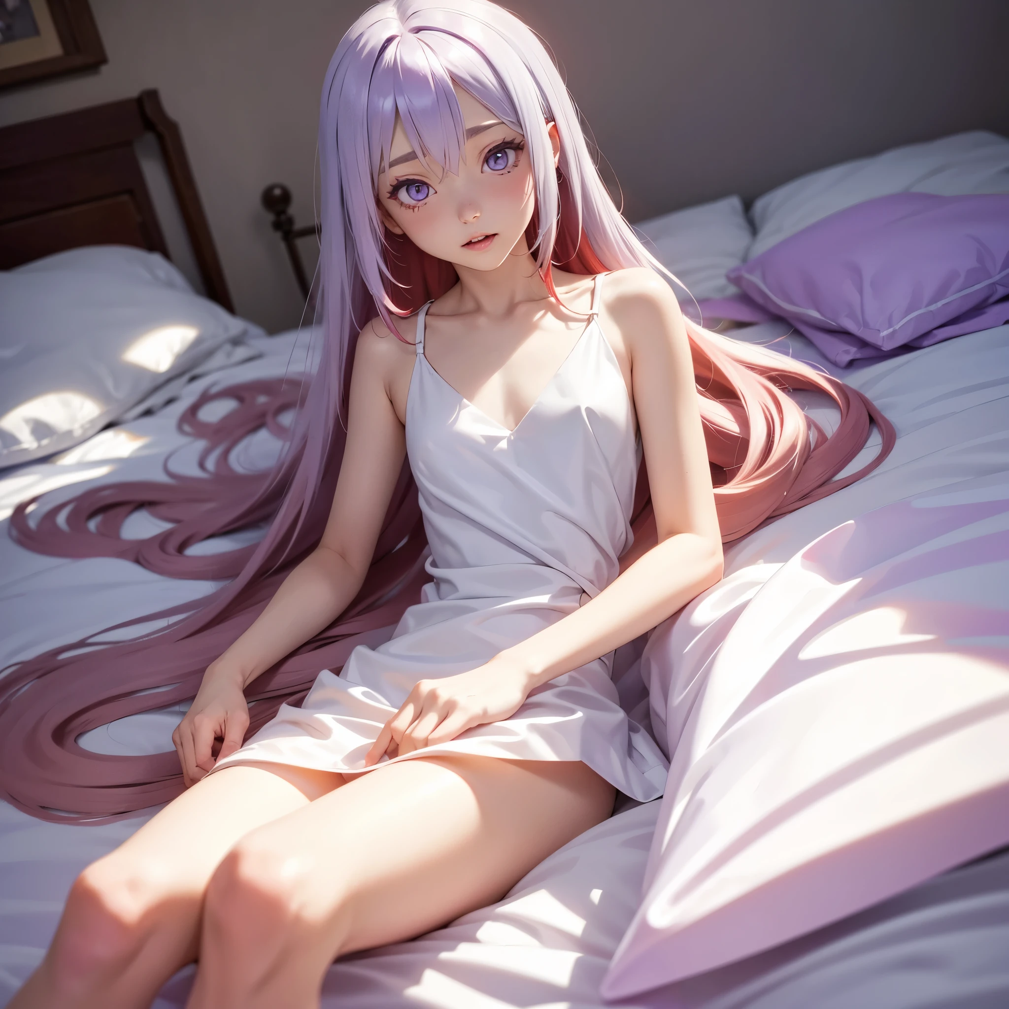 ((Cute ****))), ((purple eyes))), (Long hair), ((red hair)), (((straight hair))), hair between eyes, ((white hair stripe))), flat chest, &(white transparent pajamas), white knee length, aroused, red streaks on face, teeth, (++lying in bed), looking at viewer, (masutepiece:1.2), Best Quality, High resolution, Unity 8k wallpaper, (Illustration:0.8 ) , (Beautifully detailed eyes):1.7), extra detailed face, Perfect Lighting, anime style, upper body, transparent dress, see through,