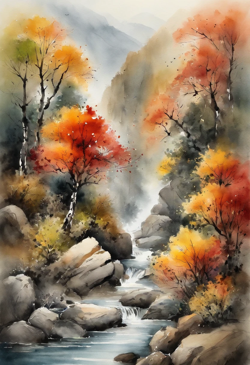 (Masterpiece, best quality: 1.2), traditional Chinese ink painting, high mountains, small hillsides, rocks, trees, no humans, cliffs