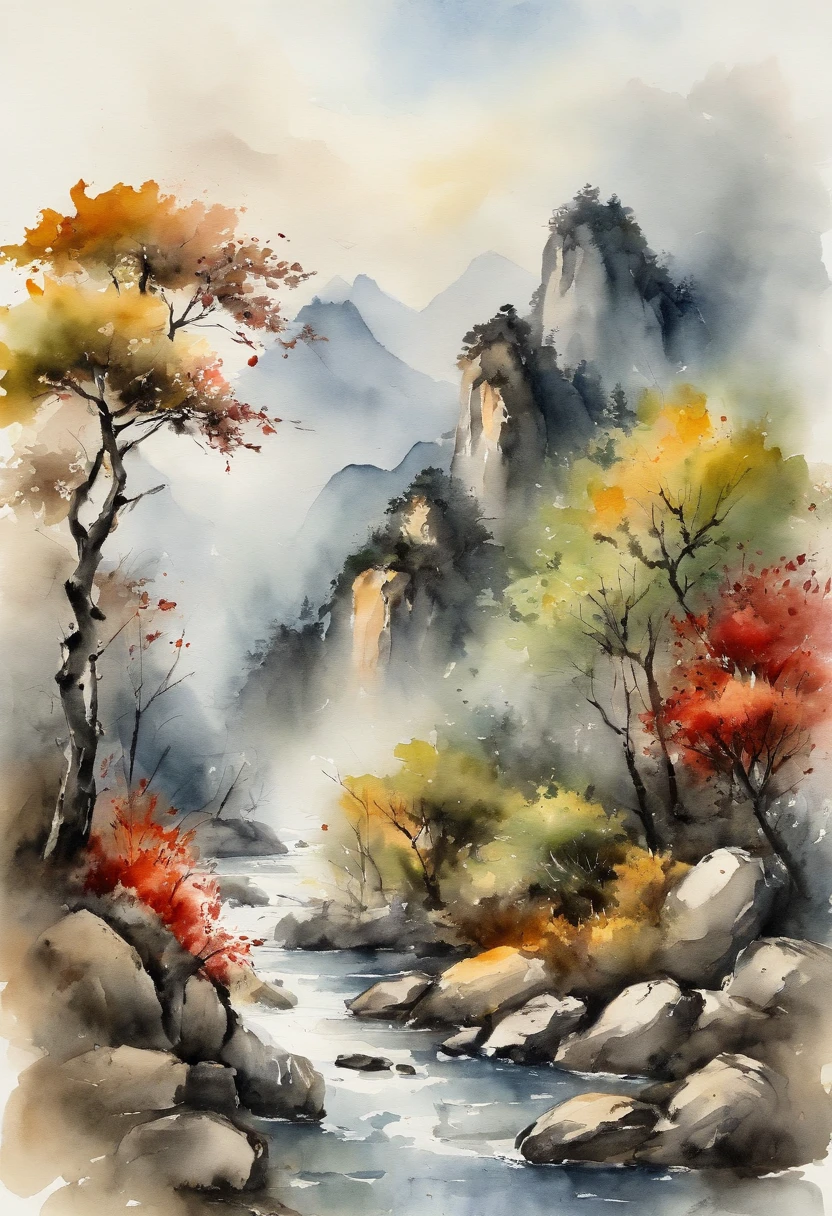 (Masterpiece, best quality: 1.2), traditional Chinese ink painting, high mountains, small hillsides, rocks, trees, no humans, cliffs