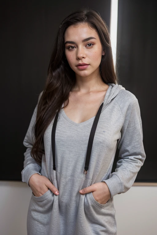 ((best quality)), ((masterpiece)), (detailed), perfect face realistic photo of beautiful woman with long dark brown hair, Russian, influencer, light freckles, dark brown eyes, big lips, no makeup, instagram, standing next to black wall, wearing sexy long winter hoodie dress