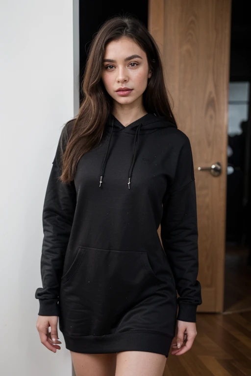 ((best quality)), ((masterpiece)), (detailed), perfect face realistic photo of beautiful woman with long dark brown hair, Russian, influencer, light freckles, dark brown eyes, big lips, no makeup, instagram, standing next to black wall, wearing sexy long winter hoodie dress