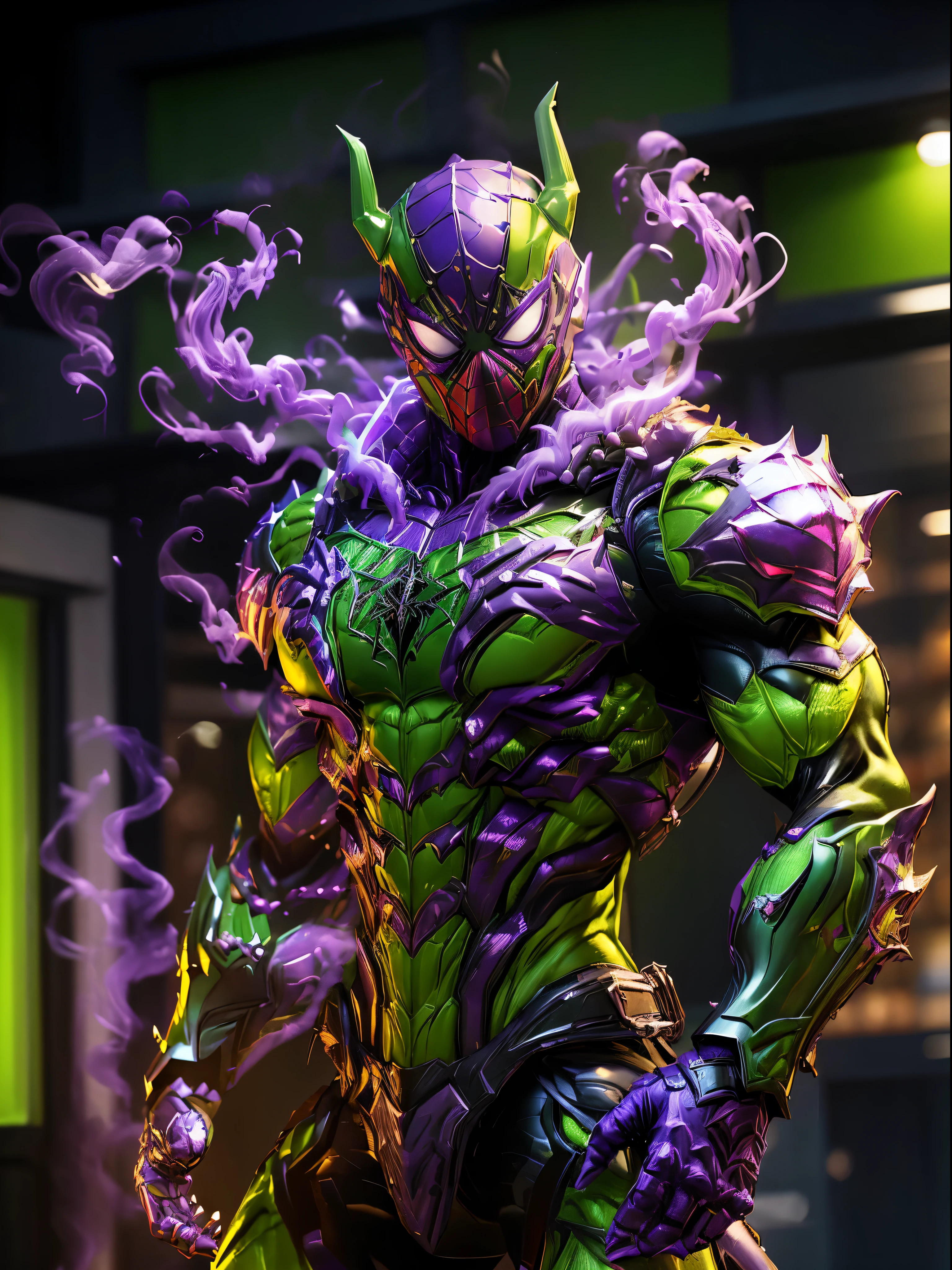 Spiderman, (green, purple:1.5), DRAGON HEAD, HEAVY CRYSTAL ARMOR, TRANSPARANT, MUSCLE BODY, MUSCLE ABS, colourful smoke
