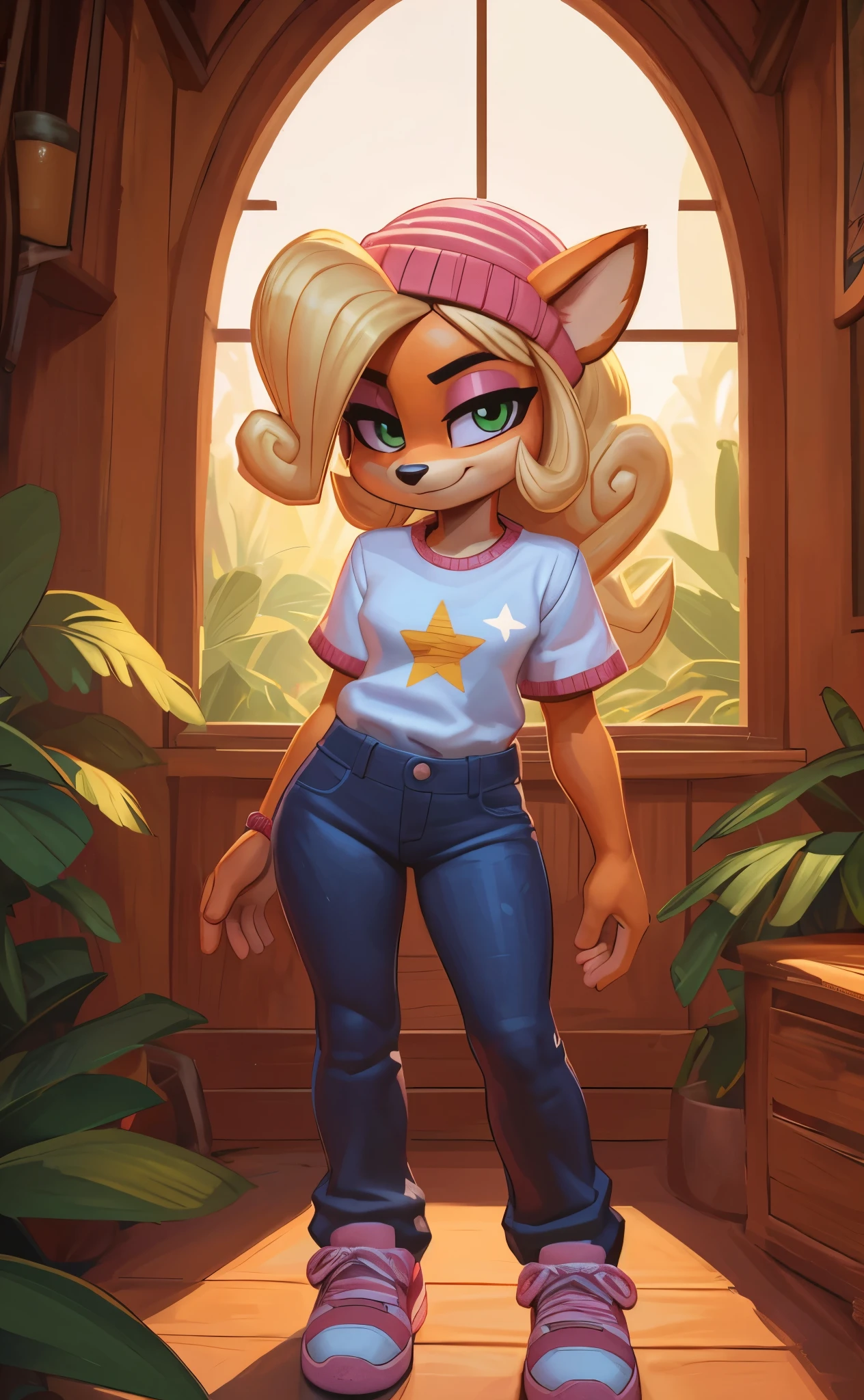 [Coco bandicoot], [Uploaded to e621.net; (Pixelsketcher), (wamudraws)], ((masterpiece)), ((HD)), ((solo portrait)), ((full body)), ((front view)), ((feet visible)), ((furry; anthro)), ((detailed fur)), ((detailed shading)), ((beautiful render art)), ((intricate details)), {anthro; orange fur, black nose, (cute green eyes), (short eyelashes), (pink eyeshadow), (long blonde curly hair), (curvy hips), (beautiful legs), (blushing), (smug smirk)}, {white oversized tee shirt), (yellow star printed on shirt), (tight bell-bottom jeans), (pink sneakers), (pink beanie)}, {(standing), (looking at viewer)}, [background; (tropical forest), (tree house), (window), (blue sky), (sun rays)]