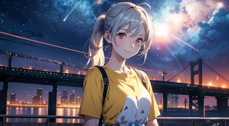 High resolution 8K, NSFW, Bright light illumination, Anime style, Film Portrait Photography, 1woman, dynamic angle, dynamic pose, slender face, a smile, smile, Beautiful Women, Sexy Women, (((Red eyes, Straight hair, pony tail, silver hair, Long hair))), woman wearing a yellow shirt, adult lady, Wear shorts, anime characters in a scene with a sky background, your name movie style, Stills in TV anime, yourname, fiona staples and makoto shinkai, makoto shinkai and bioware, guweiz and makoto shinkai, anime still image, Animated film stills, anime movie screenshot, (Natural skin texture Vibrant details, hyper realistic)