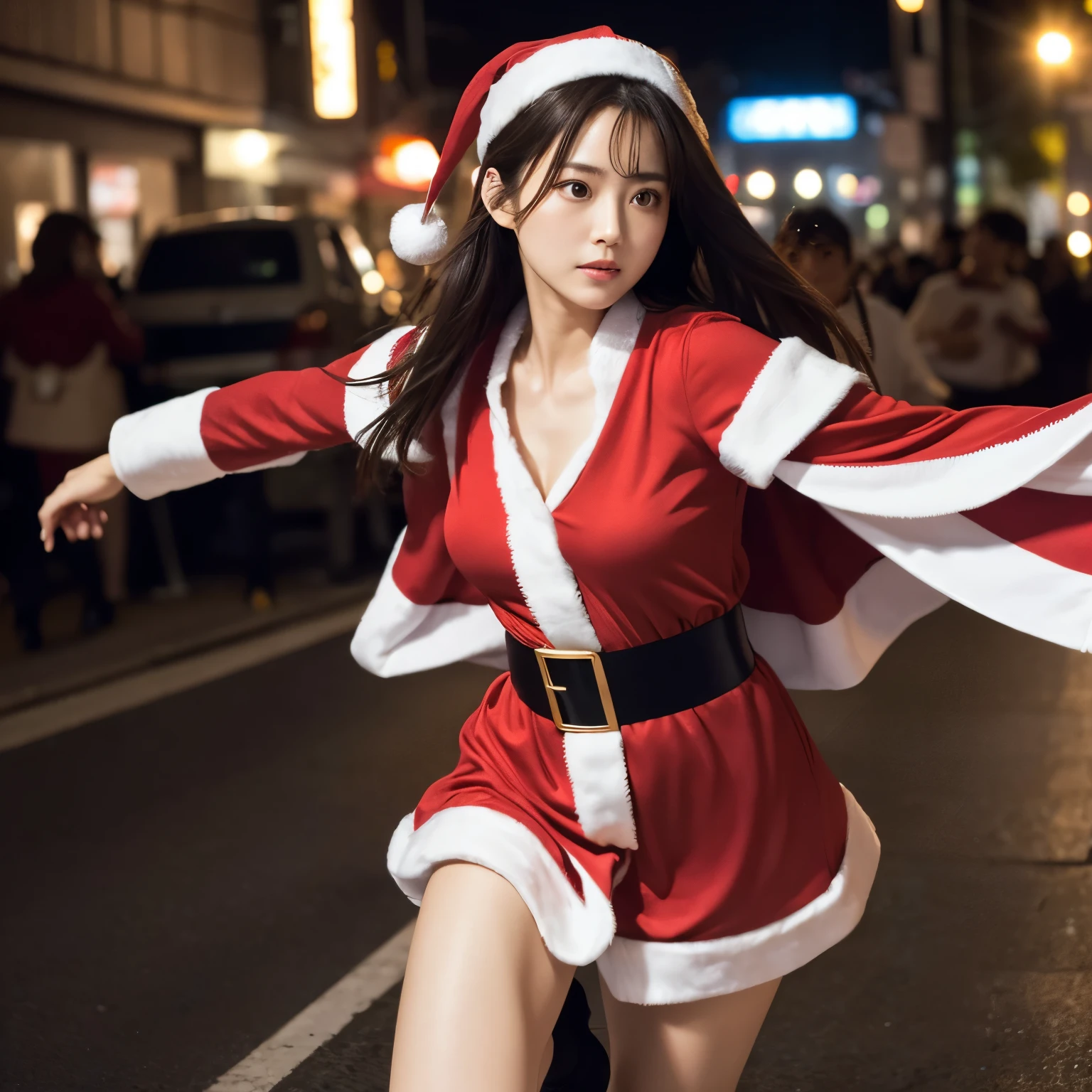 Best-quality, Masterpiece, Ultra-High-Resolution, (Photorealistic:1.4), Raw-Photo, Extremely-Details, Perfect-Anatomy, 1girl, 30-years-old, the most famous Japanese actress, (((wearing Santa-Craus's costume))), running on midnight street, extremely beautiful face like a most popular Japanese actress,. extremely beautiful big-black-solid-circle-eyes, extremely beautiful body