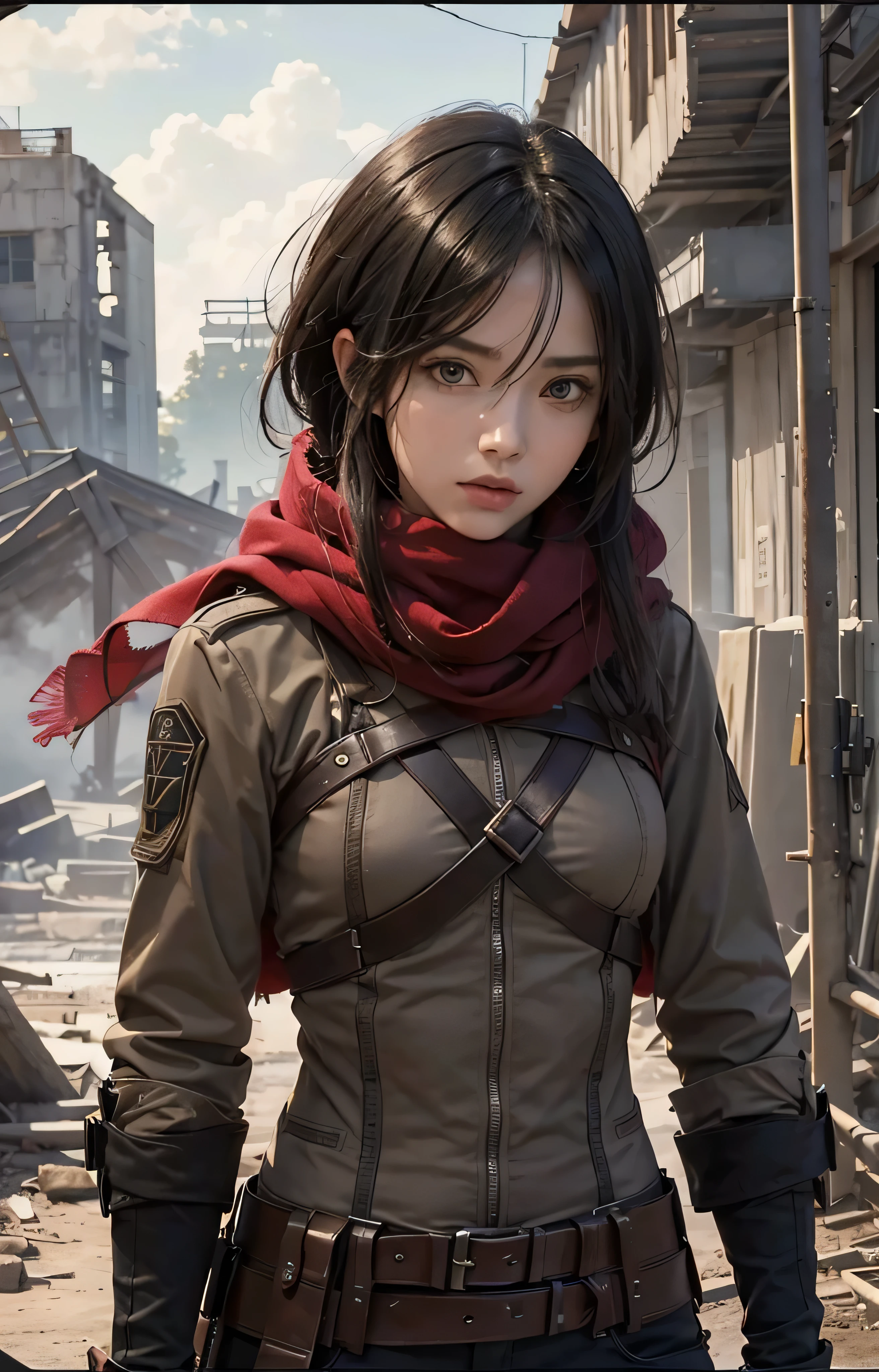 Gpo\,best quality,1girl,Mikasa_Ackerman,red scarf,heaven,sombrio,Postura de combate,Action art,Mire no inimigo,Rosto cheio de olhar assassino,gangue sinistra,butyric,arma,minimalismo,Arte de impacto,ruins,