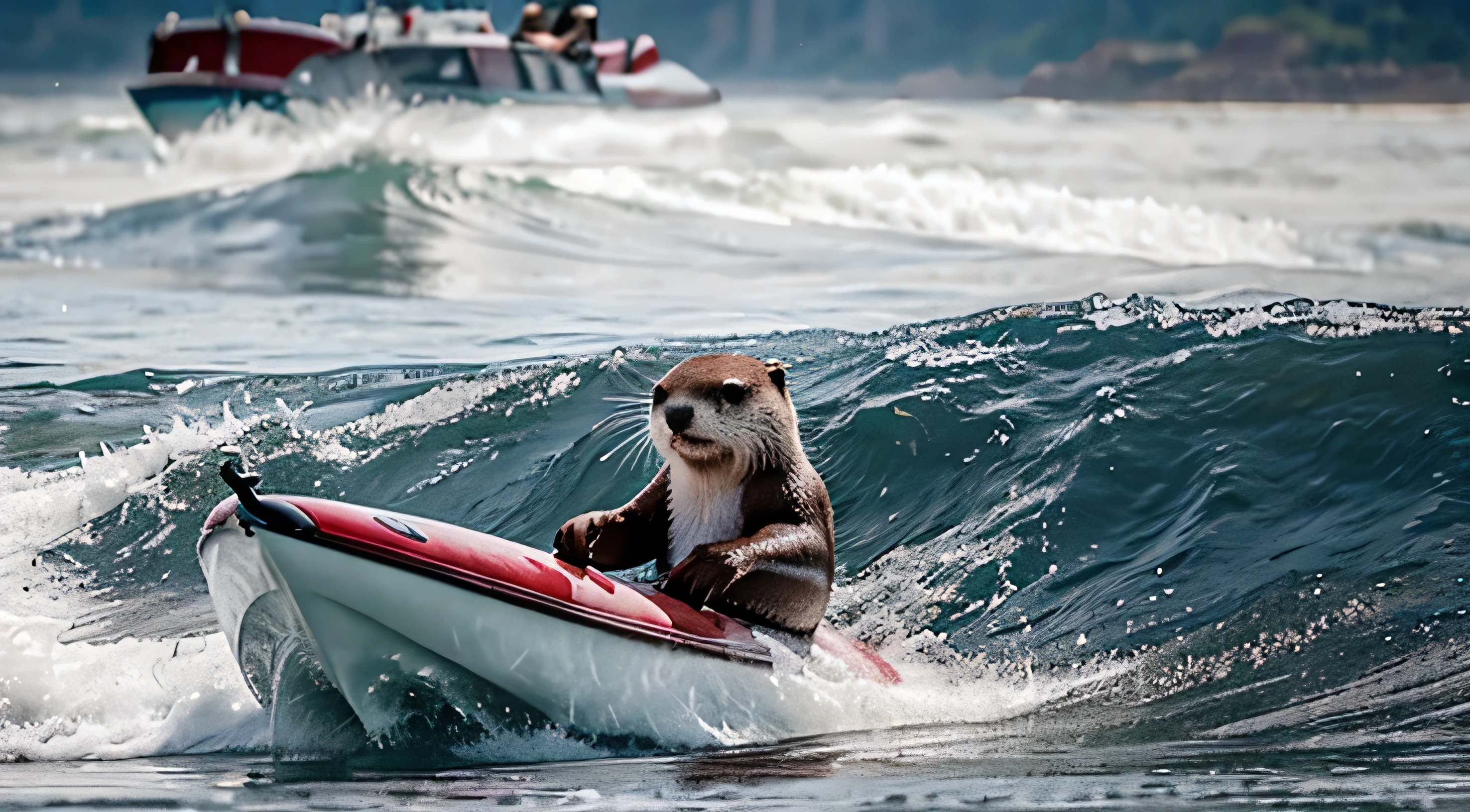 otter surfing in a sea of tears from thousands of humans dressed in red