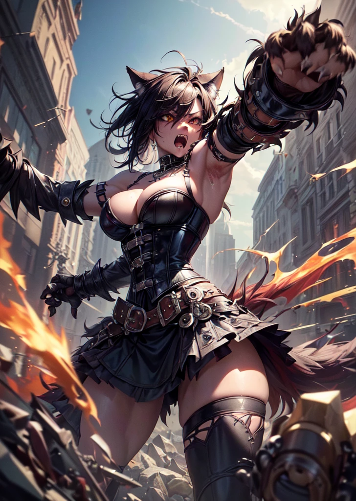 ((best quality, masterpiece, 4k, 8k, high res)), ((Solo)), ((vicious, extremely violent, attacking, fighting)), ((furry; Anthro Wolf)), moist, brunette, attacking, ferocious, fangs, full body, female werewolf, sexy, vibrant colors, (edgy punk hairstyle), knight armor, well-toned abs, Victorian dress, goth corset