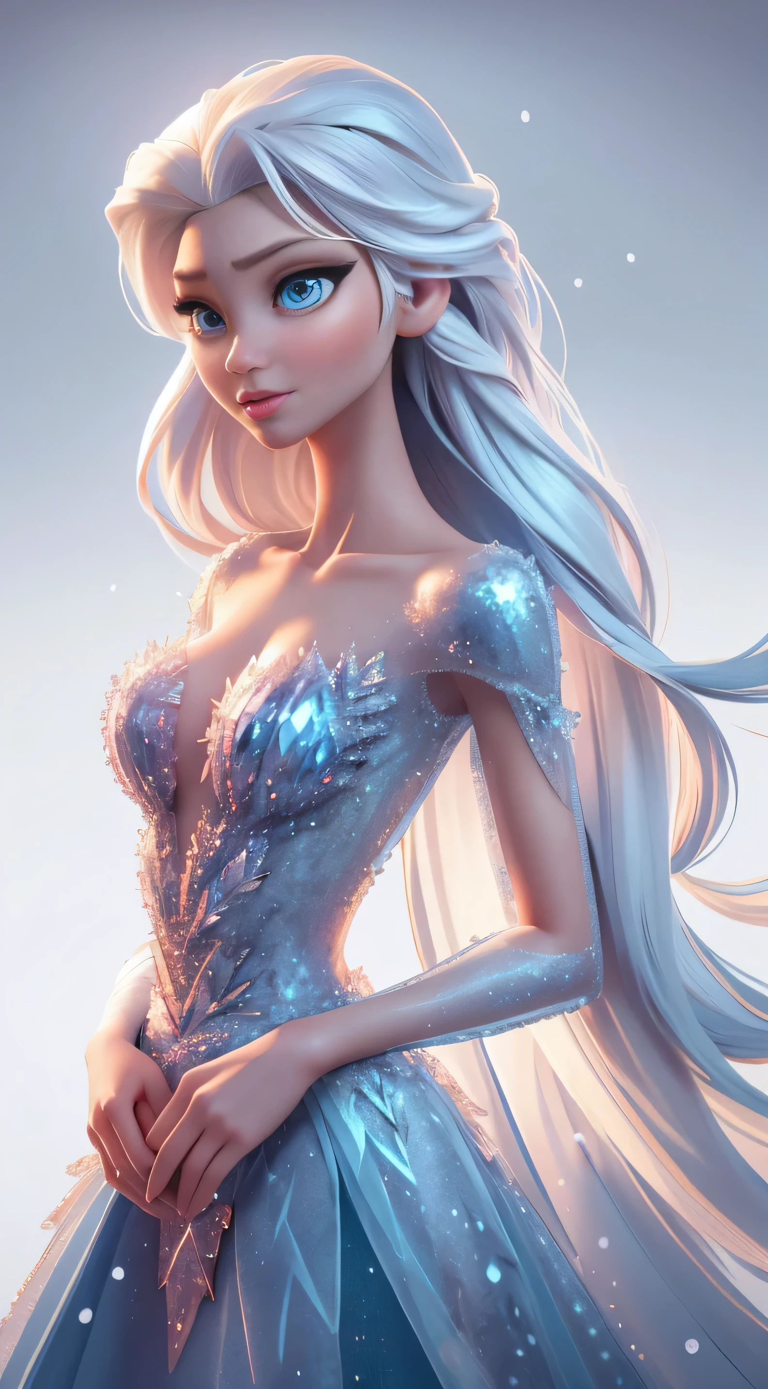 young Elsa, best quality, masterpiece, (elsa:0.8), upper body, blue eyes, long frozen t-shirt, shirt top  breasted  crystal style,  crystal chest, modern snow queen fashion , blue frozen modern t-shirt ,  Young modern fashion, model Elsa, white background, model studio white background.