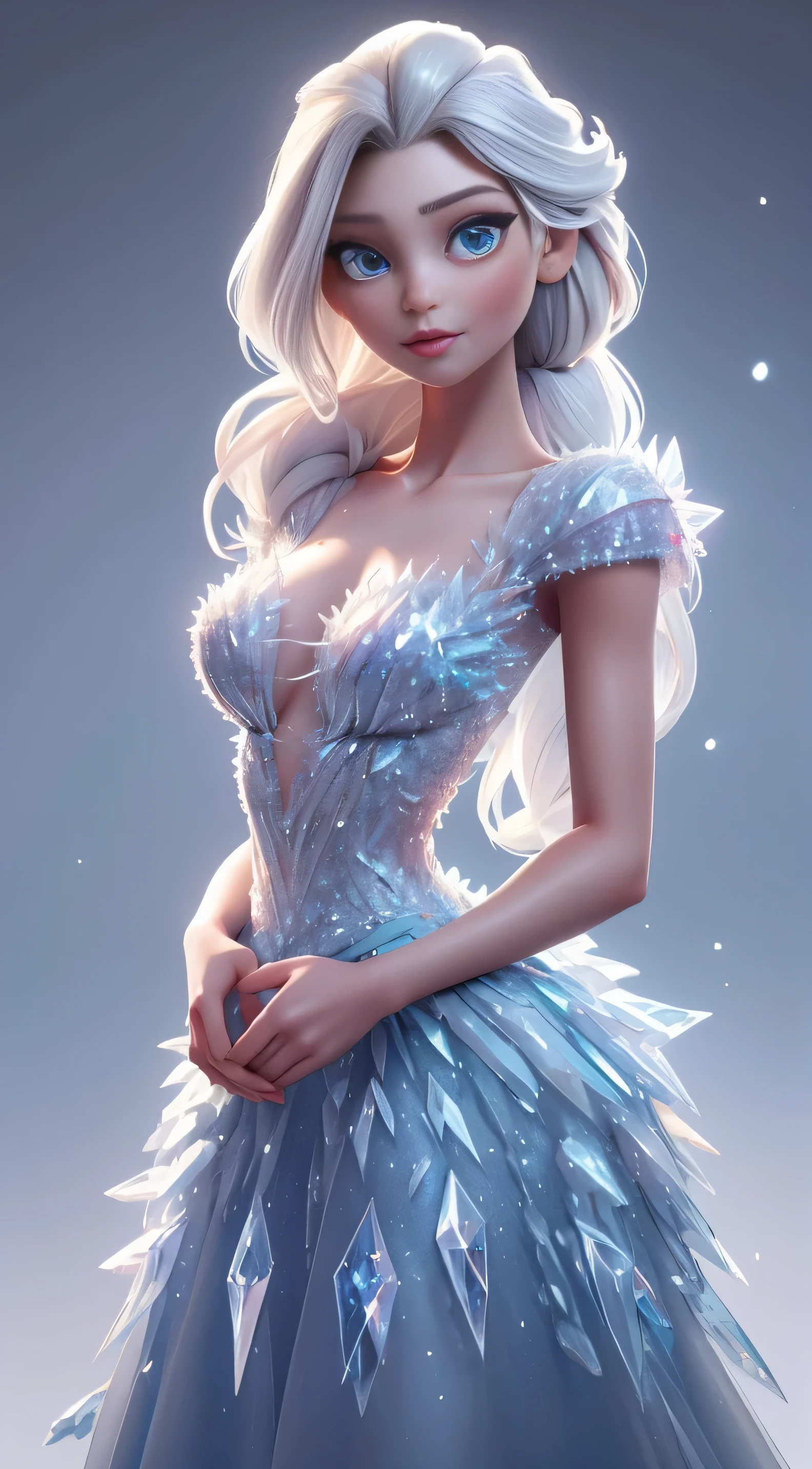 young Elsa, best quality, masterpiece, (elsa:0.8), upper body, blue eyes, long frozen t-shirt, shirt top breasted crystal style, crystal chest, modern snow queen fashion , blue frozen modern t-shirt , Young modern fashion, model Elsa, white background, model studio white background.