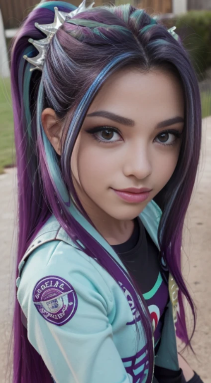 (Obra maestra, La mejor calidad, fotorrealista, Altas Resoluciones, Cinematographer, :1.3), foco nítido, 1 chica adolesente hermosa , Chica Americana , 15 years , Modelo adolesente ,diafragma, Ojos color morado y pupilas altamente detallados, Piel realista, Forma delgada del cuerpo, escote, cabello extremadamente detallado, They are smiling, sexy, fondo variado , ((realista, super-realistic, realismo, Detalles realistas)) Aria Blaze , mlp , lindo maquillaje , sombra de ojos ,labios rojos , cabello largo purpura con mechas color turquesa ,pony tail , cuerpo completo , cuerpo sexy , posando sexy , ropa sexy a la moda , ropa grunge , ropa de motociclista , hermosa sonrisa , pose con pierna crusadas , small-nose , adorno de rubi