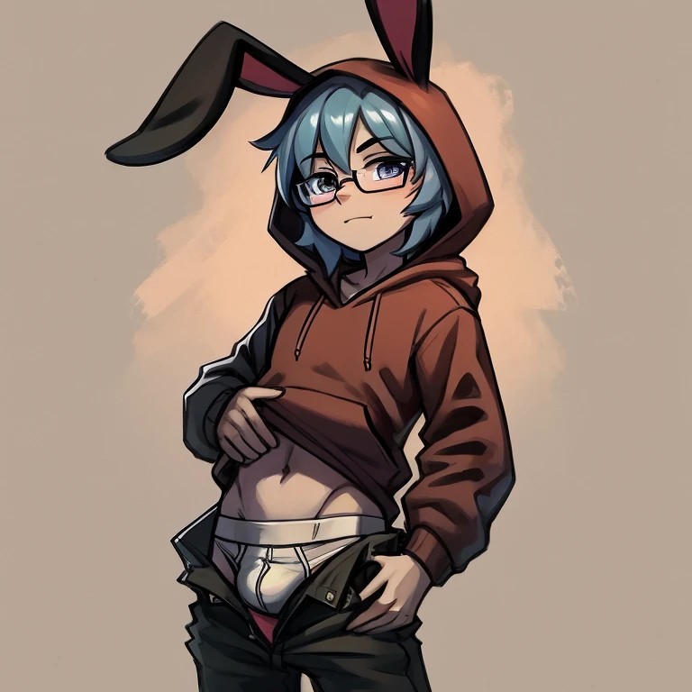 Bunny boy wearing glasses unzipped pants briefs hoodie