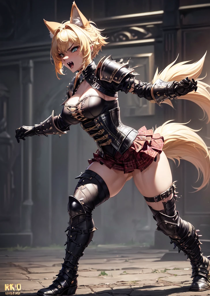 ((best quality, masterpiece, 4k, 8k, high res)), ((Solo)), ((vicious, extremely violent, attacking, fighting)), ((furry; Anthro Wolf)), moist, blonde, attacking, ferocious, fangs, full body, female werewolf, sexy, vibrant colors, (edgy punk hairstyle), knight armor, well-toned abs, Victorian dress, goth corset