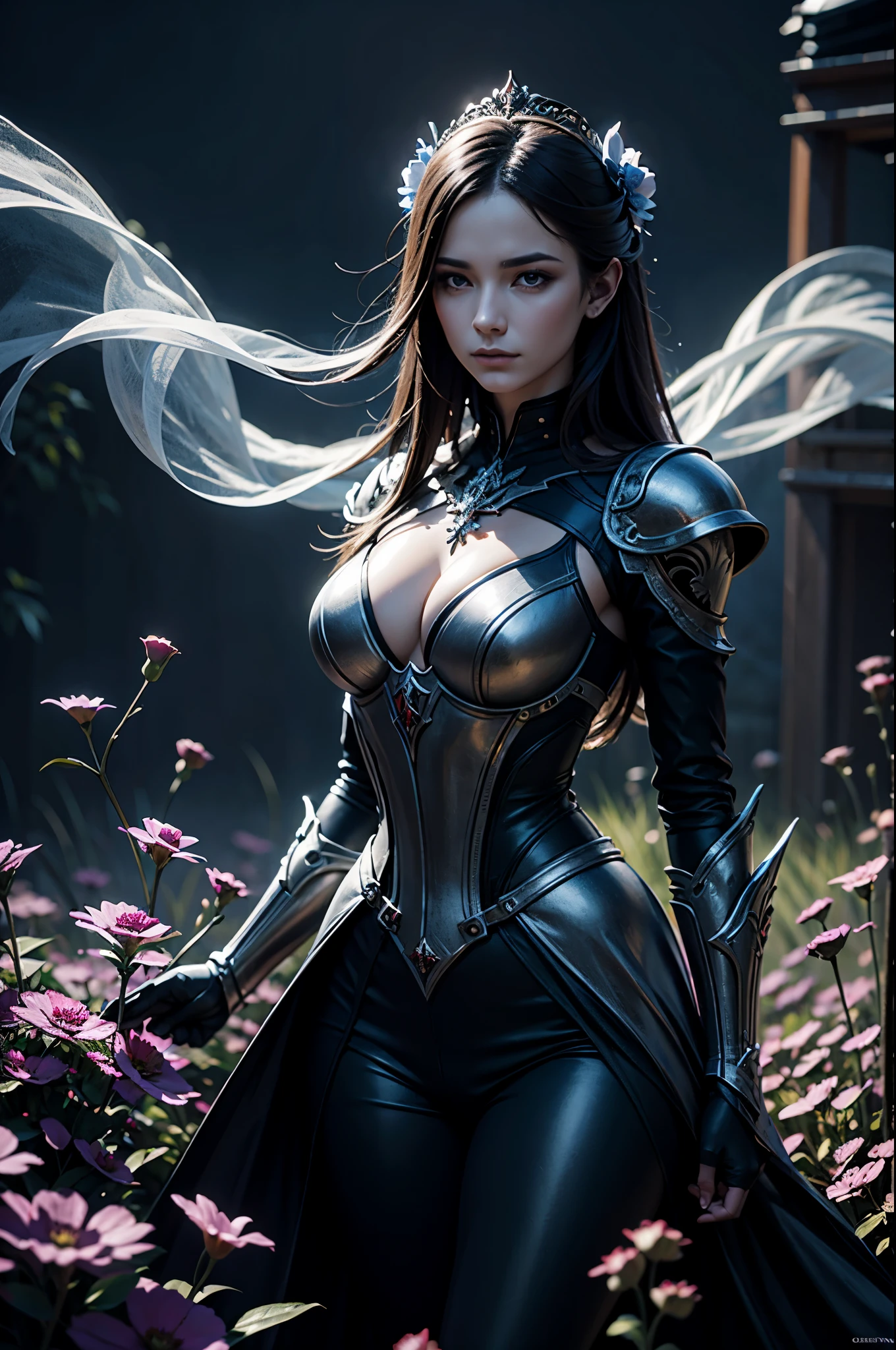 on rich colored Fleur-de-lis, fanatic woman, seamless-dark-fantasy-smoke, dream of dazzle fascination flower garden illustration, sorrowful-flower, reverberation reflection effect, cinematic, low key lighting, smooth detail, high quality, stunning fine rendering, tonal contrast, Fine and delicate paint coating, best realistic, Details of absurd origins and consequences,