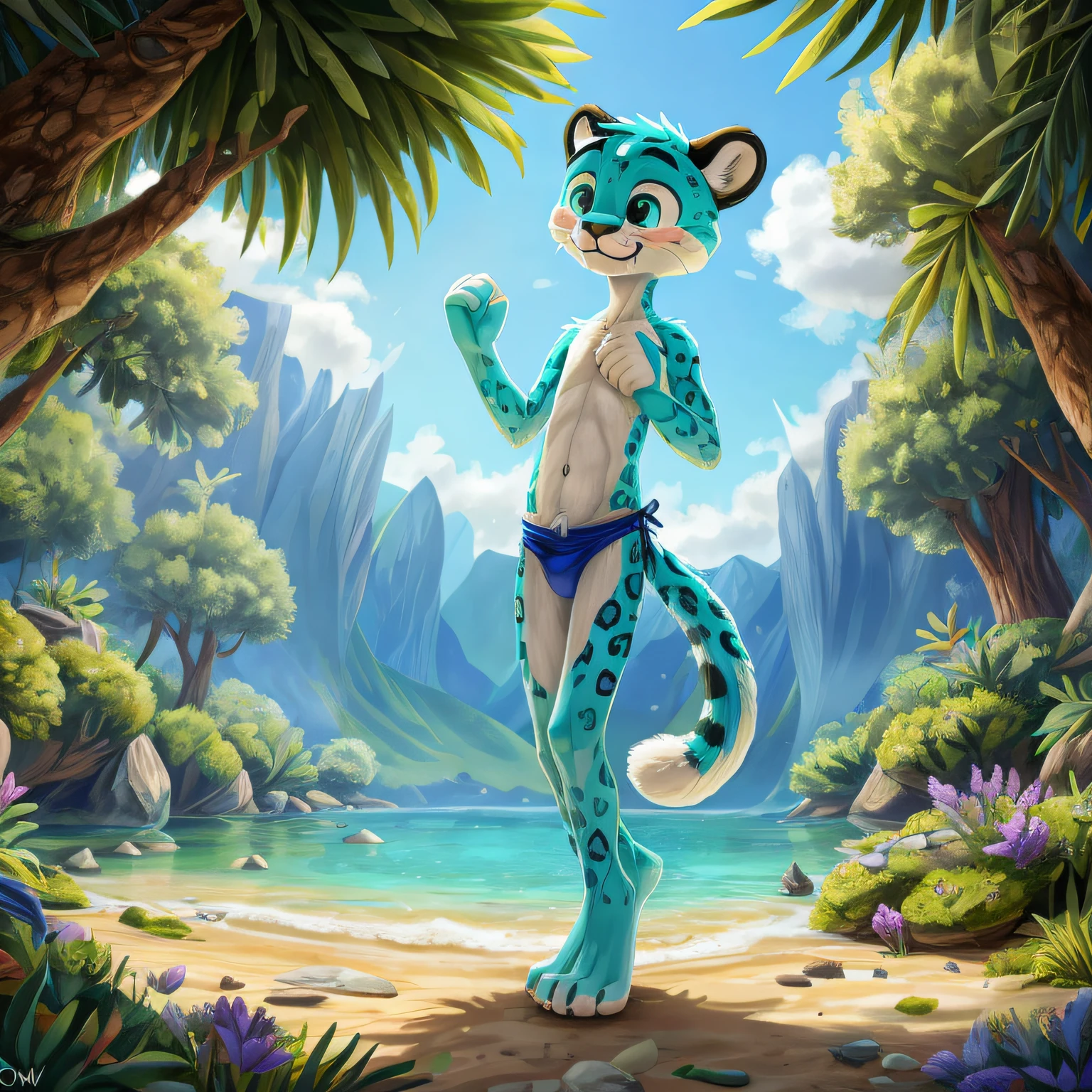 furry young male snow-leopard cub, solo character, slim, athletic, white body, teal spots, teal eyes, correct snow leopard tail, paws, bikini, (transparent sarong, bikini top, balls, penis chastity under sarong:1.2), (shy, horny), body fur, detailed face, detailed eyes, detailed body, detailed body fur, detailed hands, flat body, glistering body, shiny body, skinny,fullbody, panorama, best quality, photorealistic, hyperrealistic, ultradetailed, detailed background, photo background, lewd, cgi, photorealistic, high detail, realistic, masterpiece, absurdres, best quality, HDR, high quality, high-definition, extremely detailed, 8k wallpaper, intricate details, 8K uhd, Full-HD, (realistic photo:1.4), NSFW