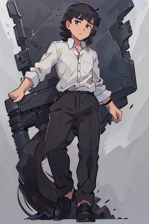 a man, confident pose, mullet haircut, hair shaved on the sides, dark brown eyes, white dress shirt, black dress pants, full body, curly hair, black hair, slight dark circles, heavy look