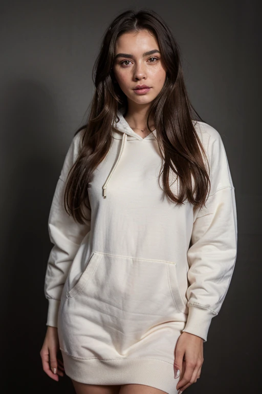 ((best quality)), ((masterpiece)), (detailed), perfect face realistic photo of beautiful woman with long dark brown hair, Russian, influencer, light freckles, dark brown eyes, big lips, no makeup, instagram, standing next to black wall, wearing sexy long winter hoodie dress