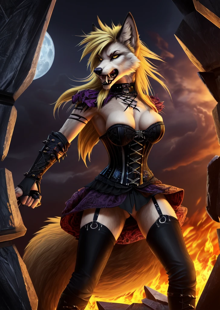 ((best quality, masterpiece, 4k, 8k, high res)), ((Solo)), ((vicious, extremely violent, attacking, fighting)), ((furry; Anthro Wolf)), moist, blonde, attacking, ferocious, fangs, full body, female werewolf, sexy, vibrant colors, (edgy punk hairstyle), knight armor, well-toned abs, Victorian dress, goth corset