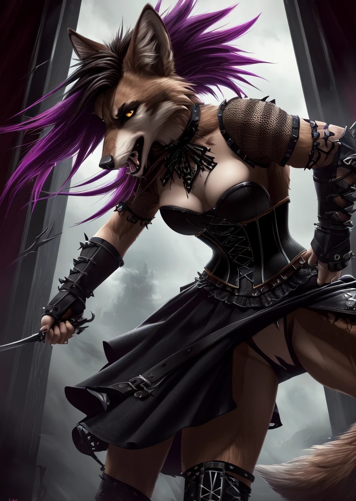 ((best quality, masterpiece, 4k, 8k, high res)), ((Solo)), ((vicious, extremely violent, attacking, fighting)), ((furry; Anthro Wolf)), moist, brunette, attacking, ferocious, fangs, full body, female werewolf, sexy, vibrant colors, (edgy punk hairstyle), knight armor, well-toned abs, Victorian dress, goth corset