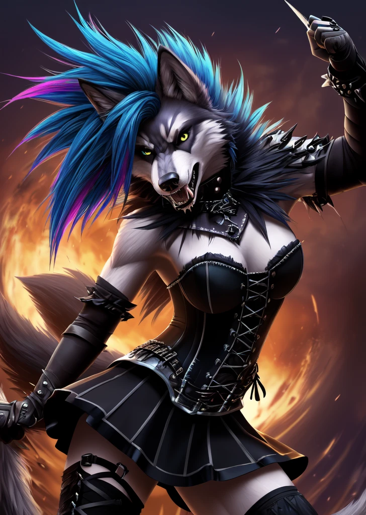 ((best quality, masterpiece, 4k, 8k, high res)), ((Solo)), ((vicious, violent, attacking, fighting)), ((furry; Anthro Wolf)), moist, blue hair, attacking, ferocious, fangs, full body, female werewolf, sexy, vibrant colors, (edgy punk hairstyle), knight armor, well-toned abs, Victorian dress, goth corset