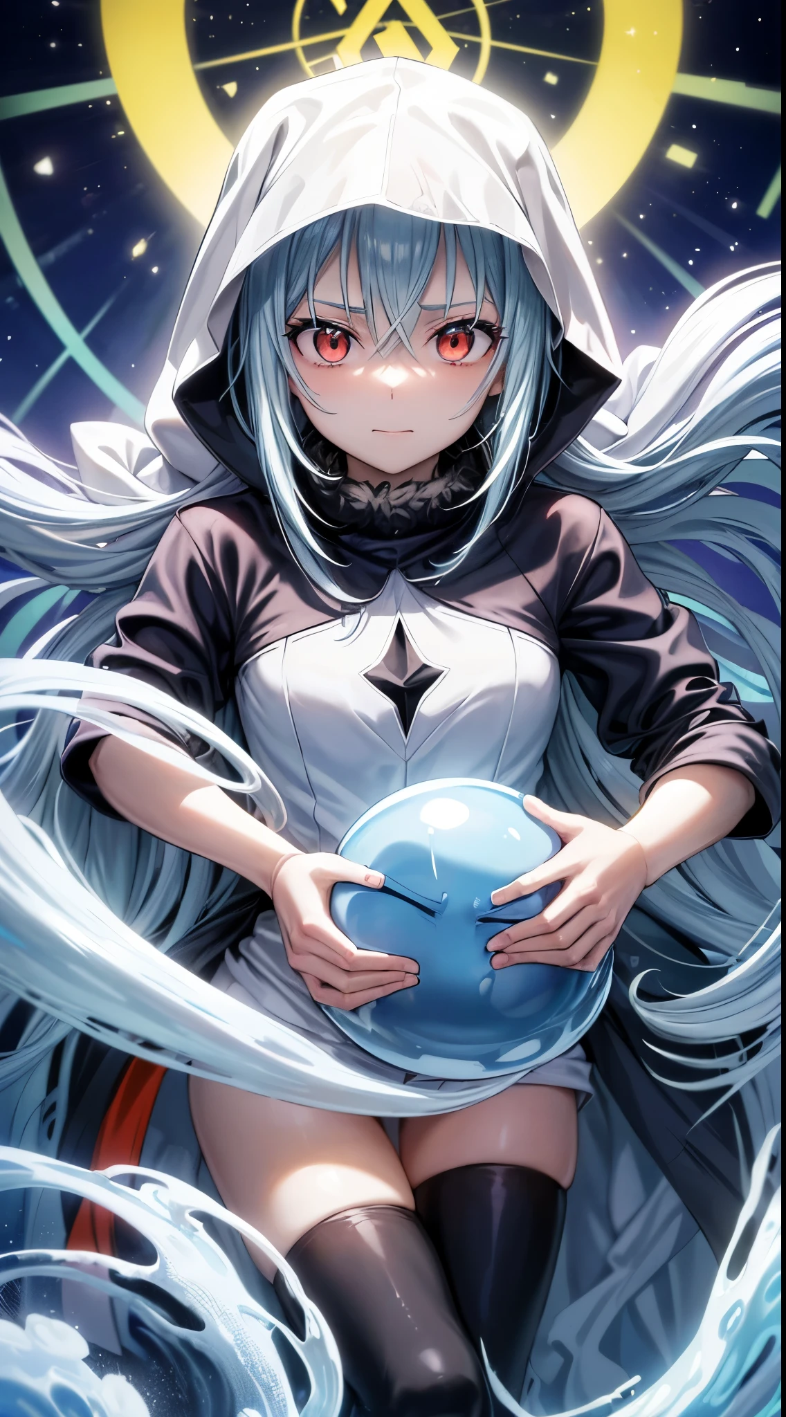 (um personagem adulto de anime tensei shitara slime) Rimuru Tempest, com olhos proeminentes e penetrantes de um (((vermelho escarlate))), who exude an aura of cold determination and a sharp intelligence, (the hair is heavenly light blue), fluindo e suave, framing a face with delicate features and a neutral mouth, no trace of smile, sorriso frio, olhar frio, reflecting an unshakable personality and indomitable spirit, The white hood that covers the character's head adds a touch of mystery and nobility. , complementing its enigmatic and powerful presence, personagem completo, na floresta, pele branca