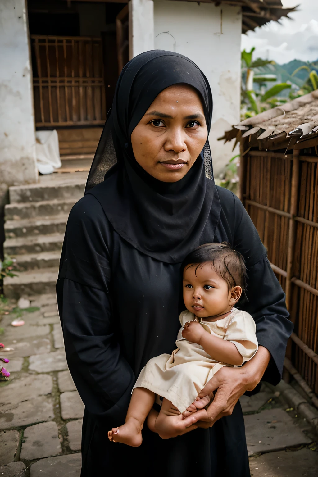 Two old grandfathers breastfeeding a beautiful white Asian woman wearing a black hijab in a hut in the forest